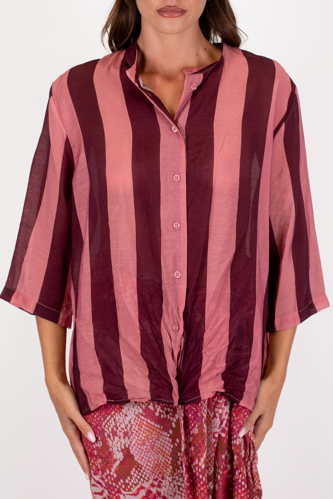 Dixie - Camicia fantasia a righe in viscosa leggera con collo coreano
