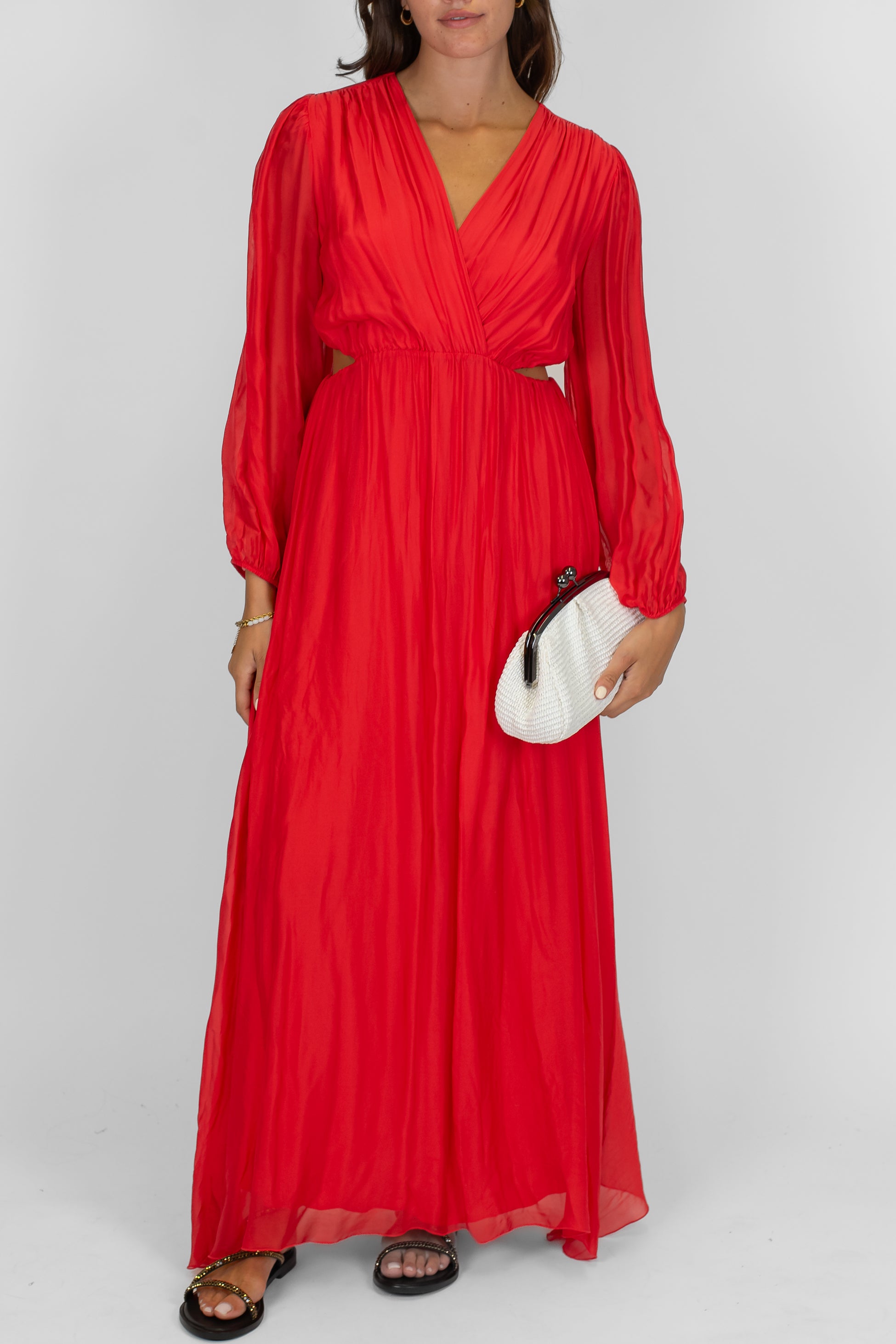 Dixiei - Abito lungo cut-out scollo a V in misto seta con manica lunga