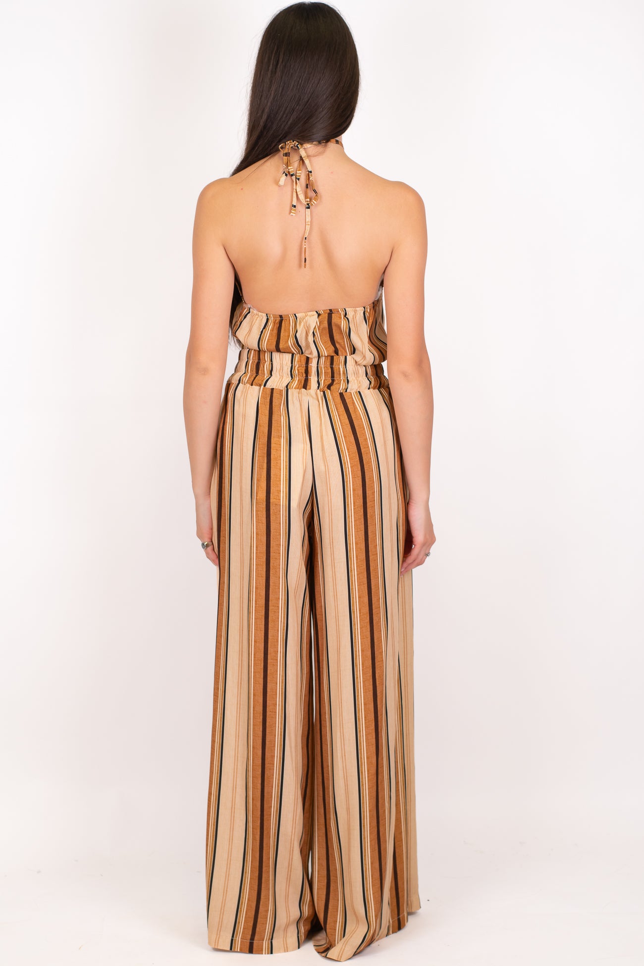Haveone - Coordinato in viscosa fantasia a righe con top fazzoletto e pantalone palazzo con elastico in vita