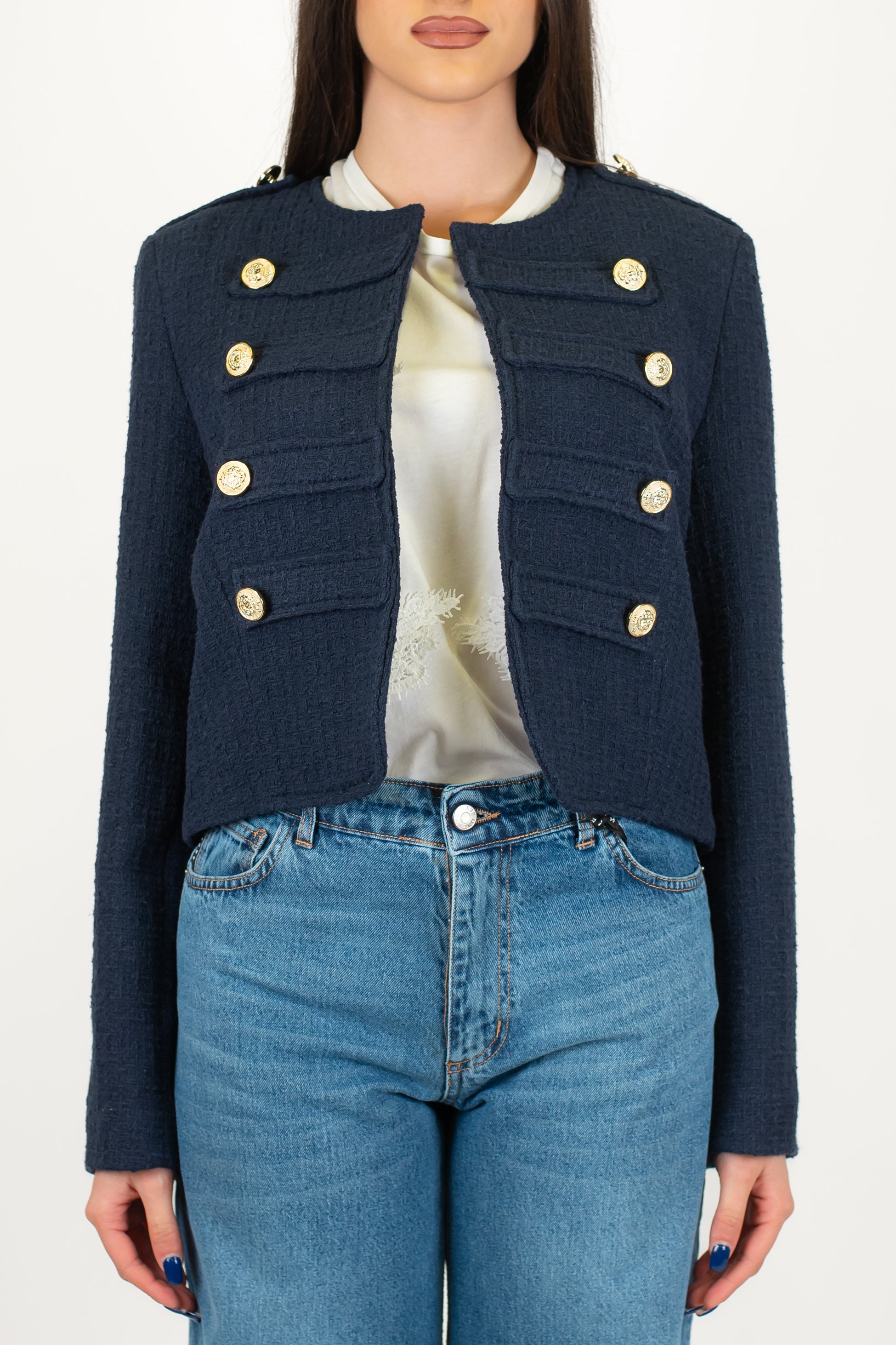 Tensione in - Giacca crop girocollo in tweed modello napoleone
