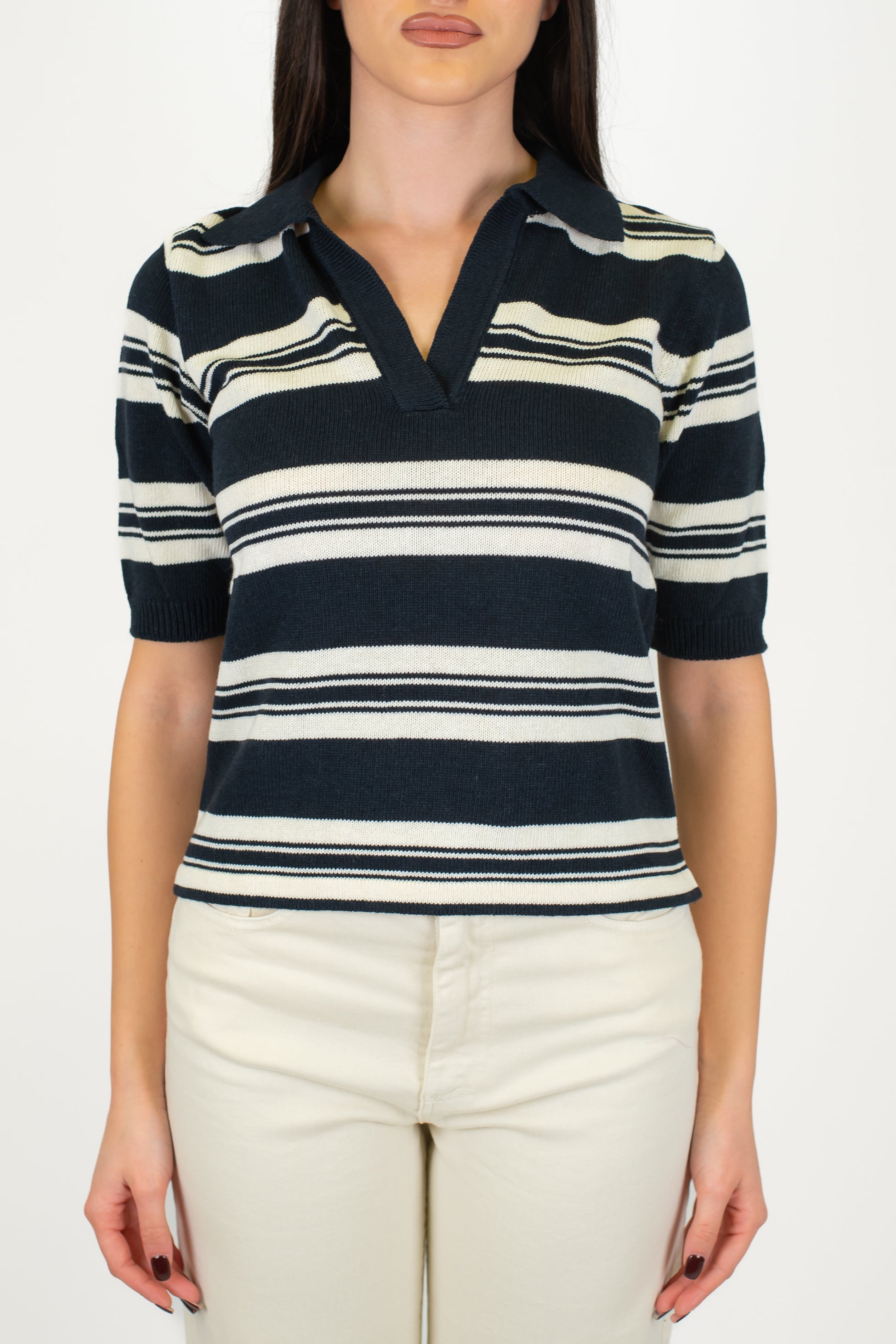 Maryley - Polo in maglia fantasia a righe con scollo a V