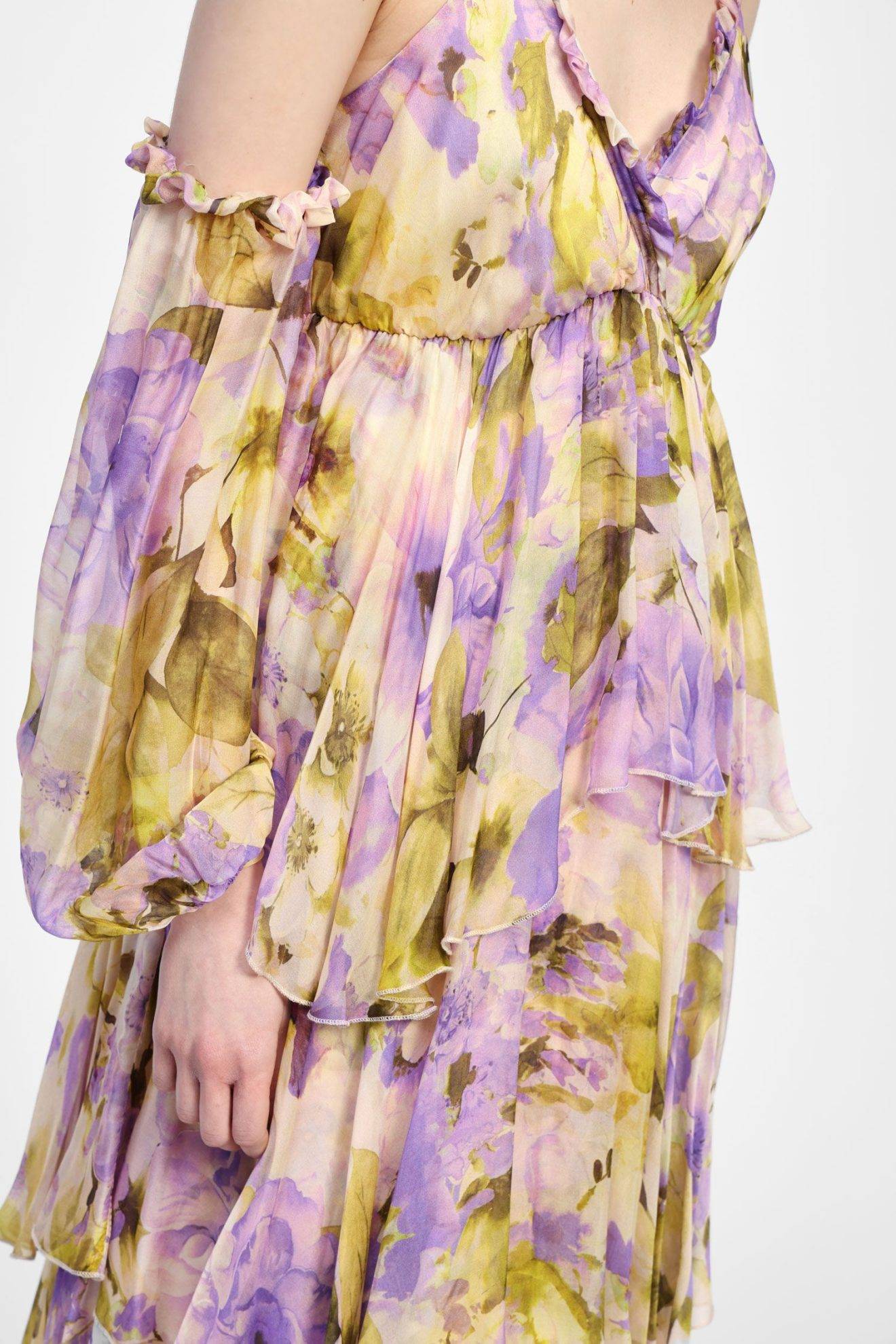 DIxie - Abito luingo a balza in misto seta con spalle scoperte