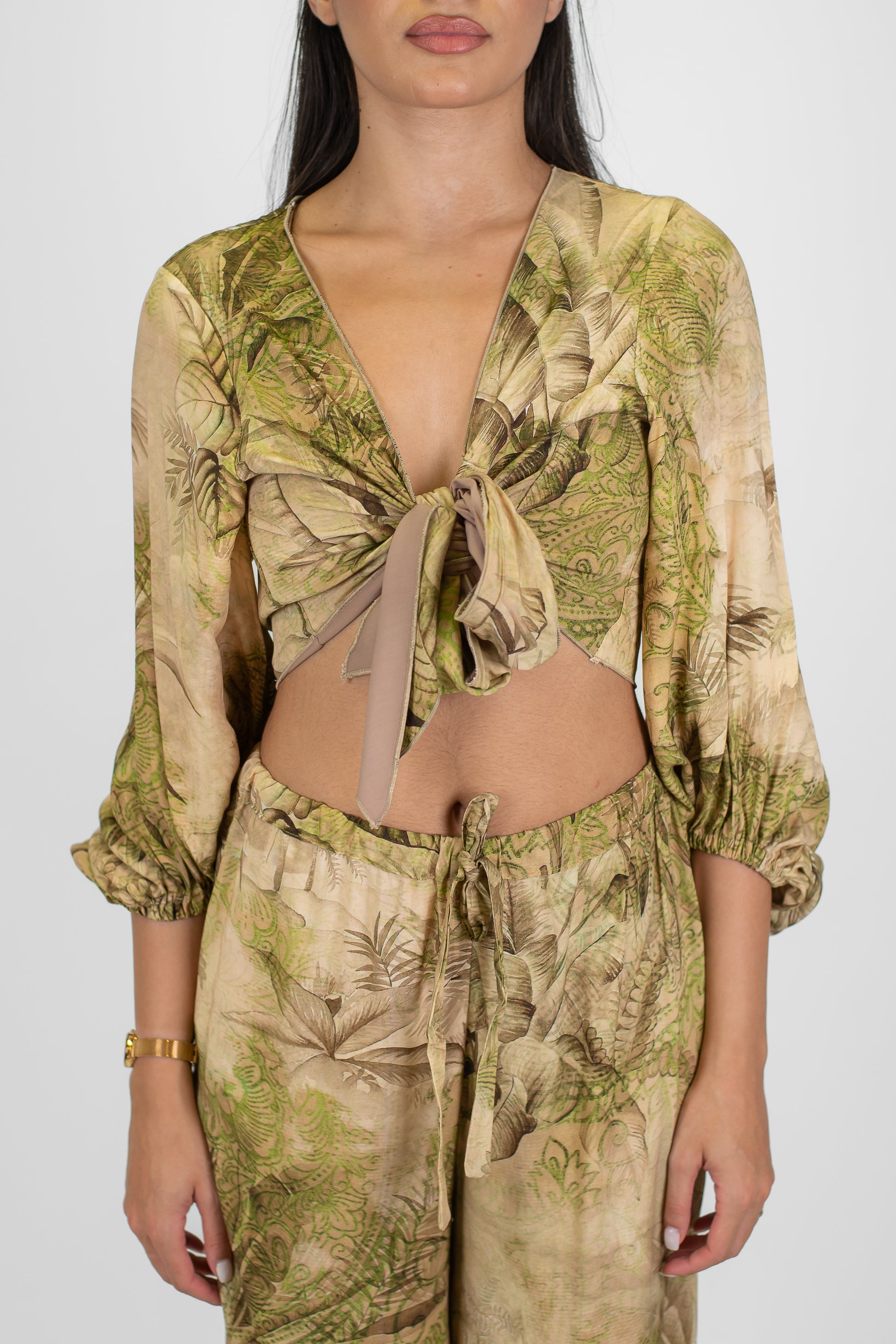 Haveone - Top fantasia naturale in viscosa con fiocco al centro e manica tre quarti