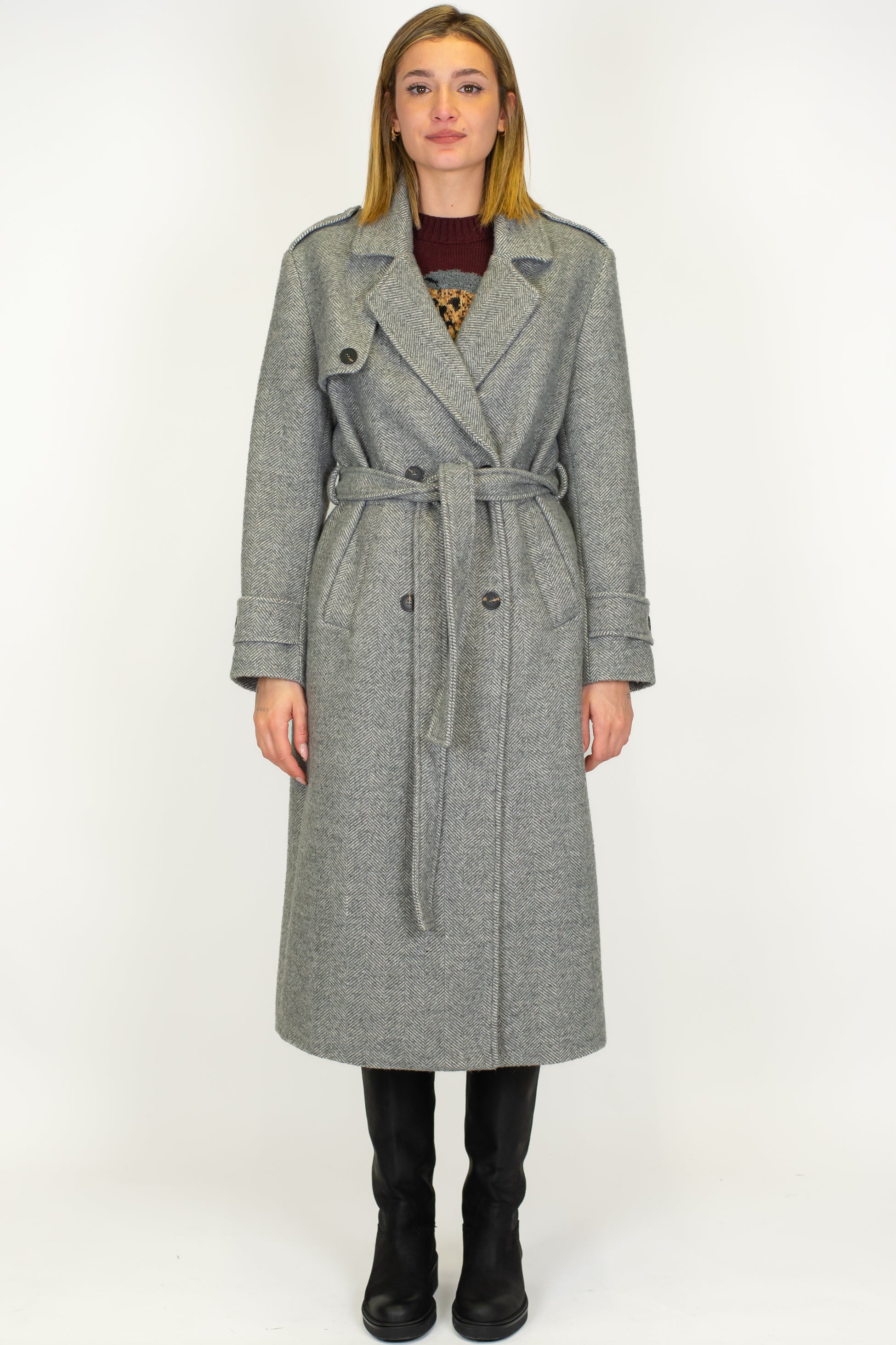Tensione in - Cappotto lungo doppipetto fantasia spinata in misto lana con cintura in tessuto