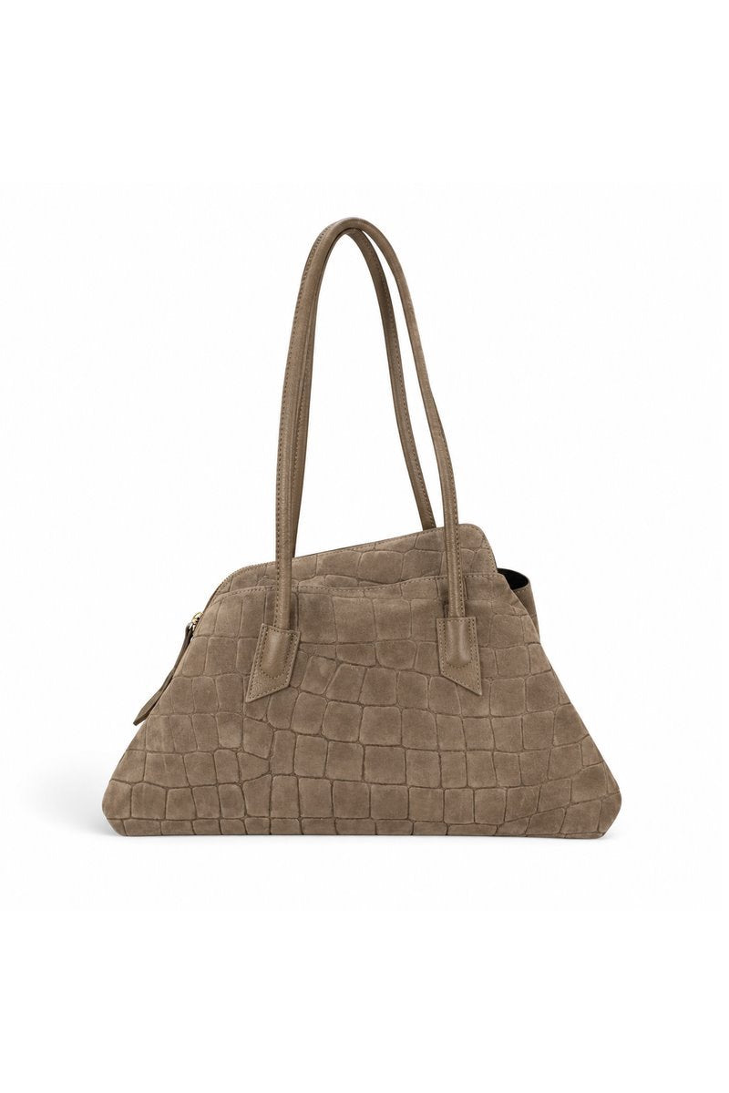 Borsa trapezio in camoscio cocco con manici e tracolla