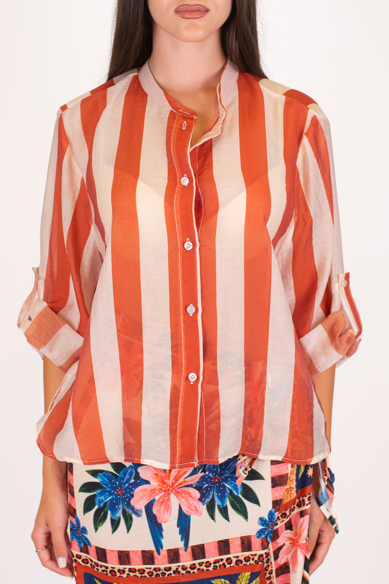 Haveone - Camicia fantasia a righe a contrasto in lyocell con manica tre quarti