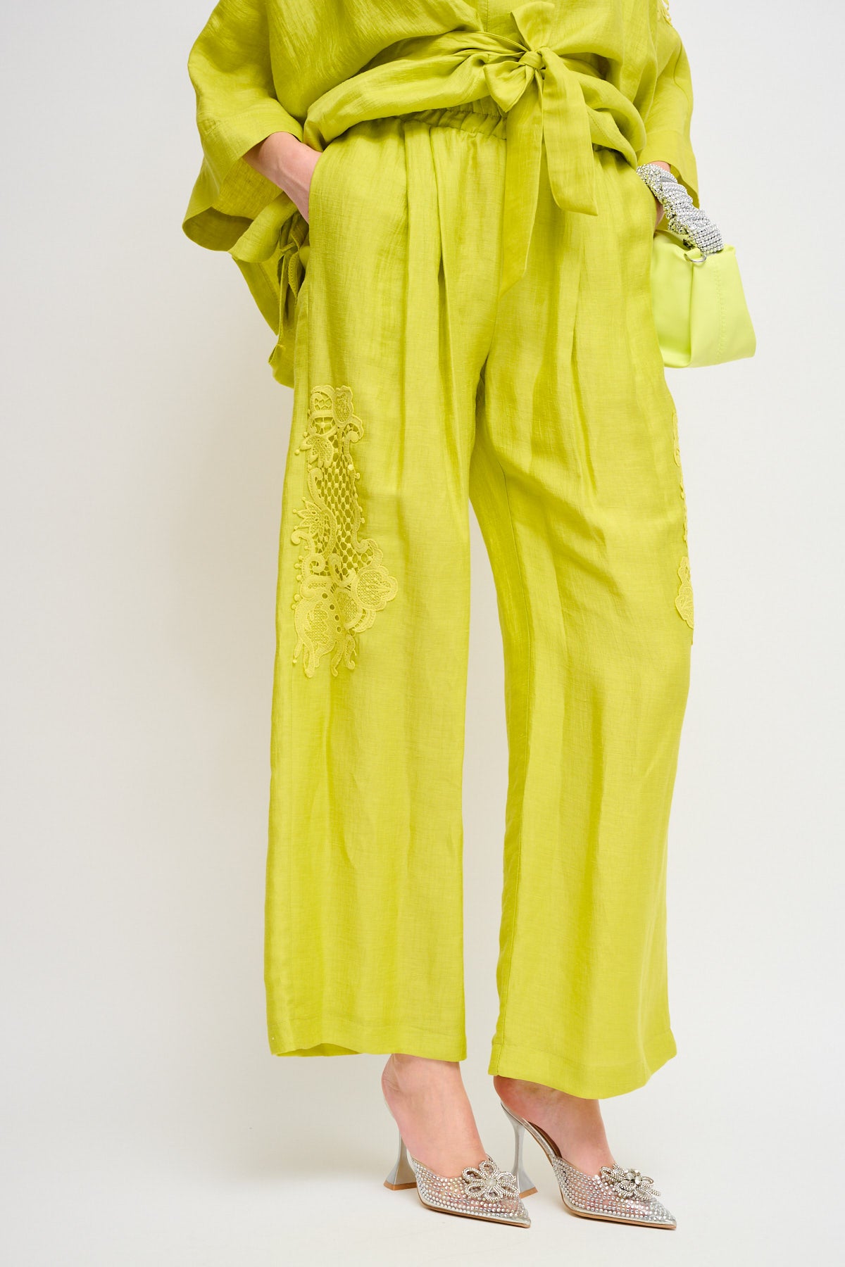 Maryley - Pantalone palazzo in lino con ricami ed elastico in vita