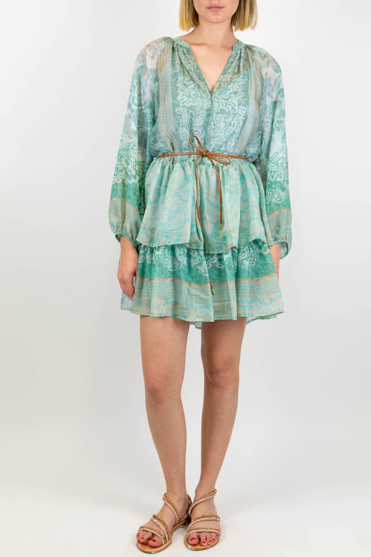 Motel - Abito corto fantasia floreale astratta in lyocell con collo coreano