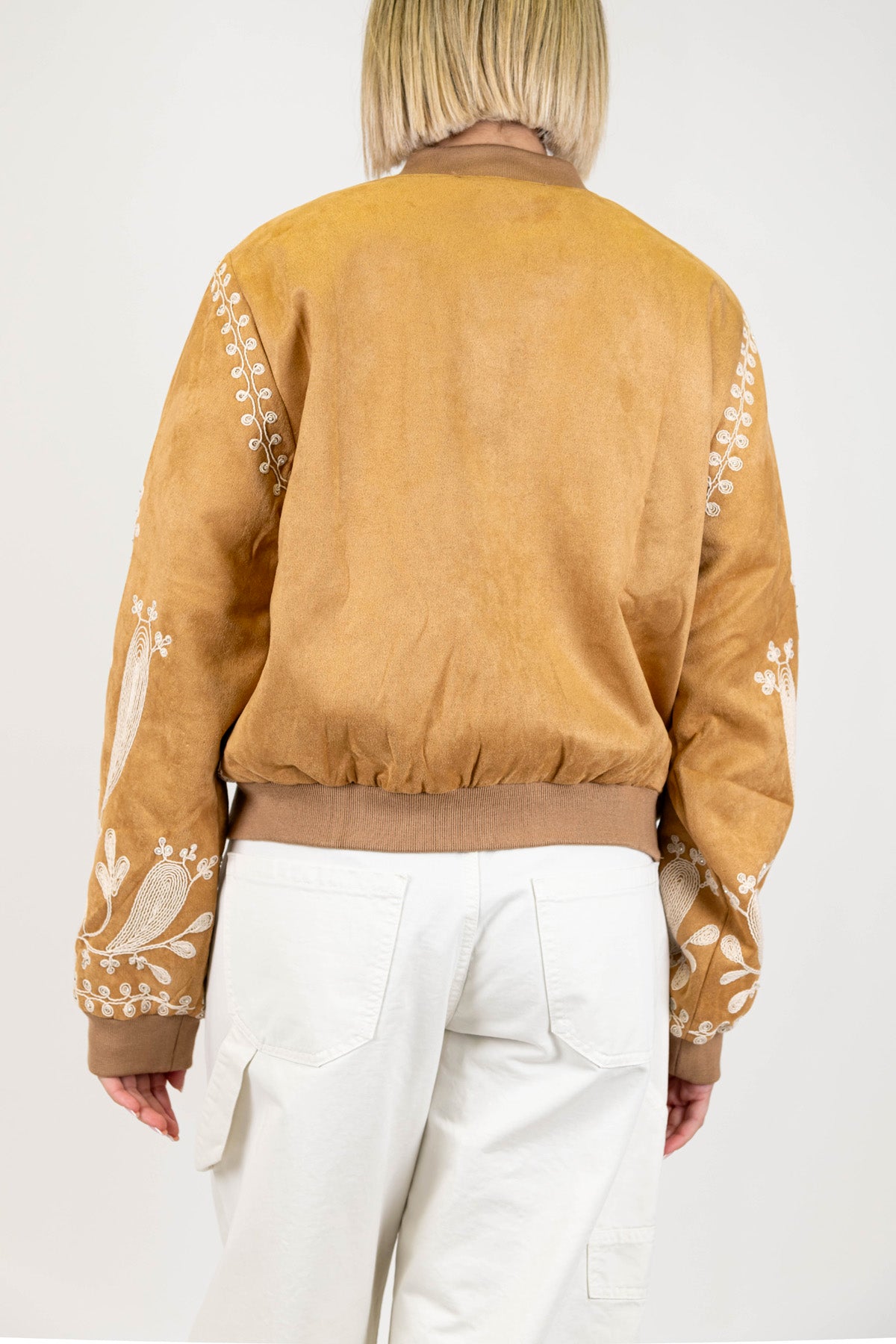 Haveone - Bomber in dainetto con ricami floreali