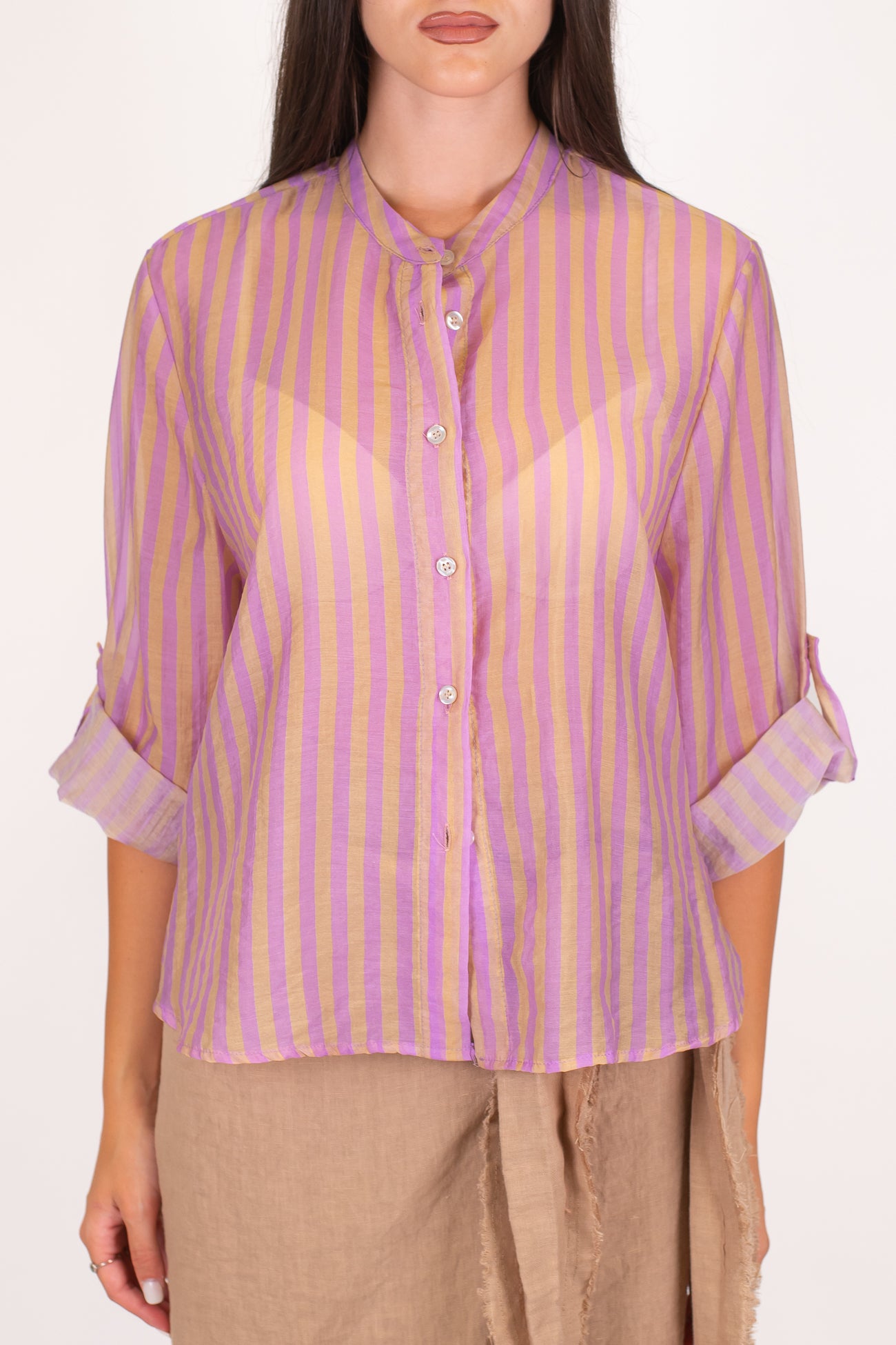 Haveone - Camicia a righe strette in lyocell con collo coreano e pinces sul retro
