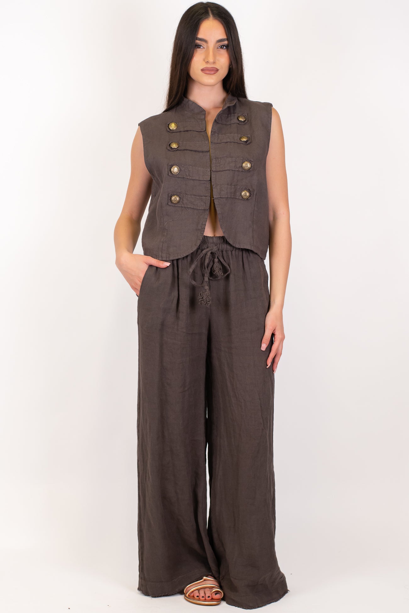 Motel - Pantalone palazzo in puro lino con coulisse