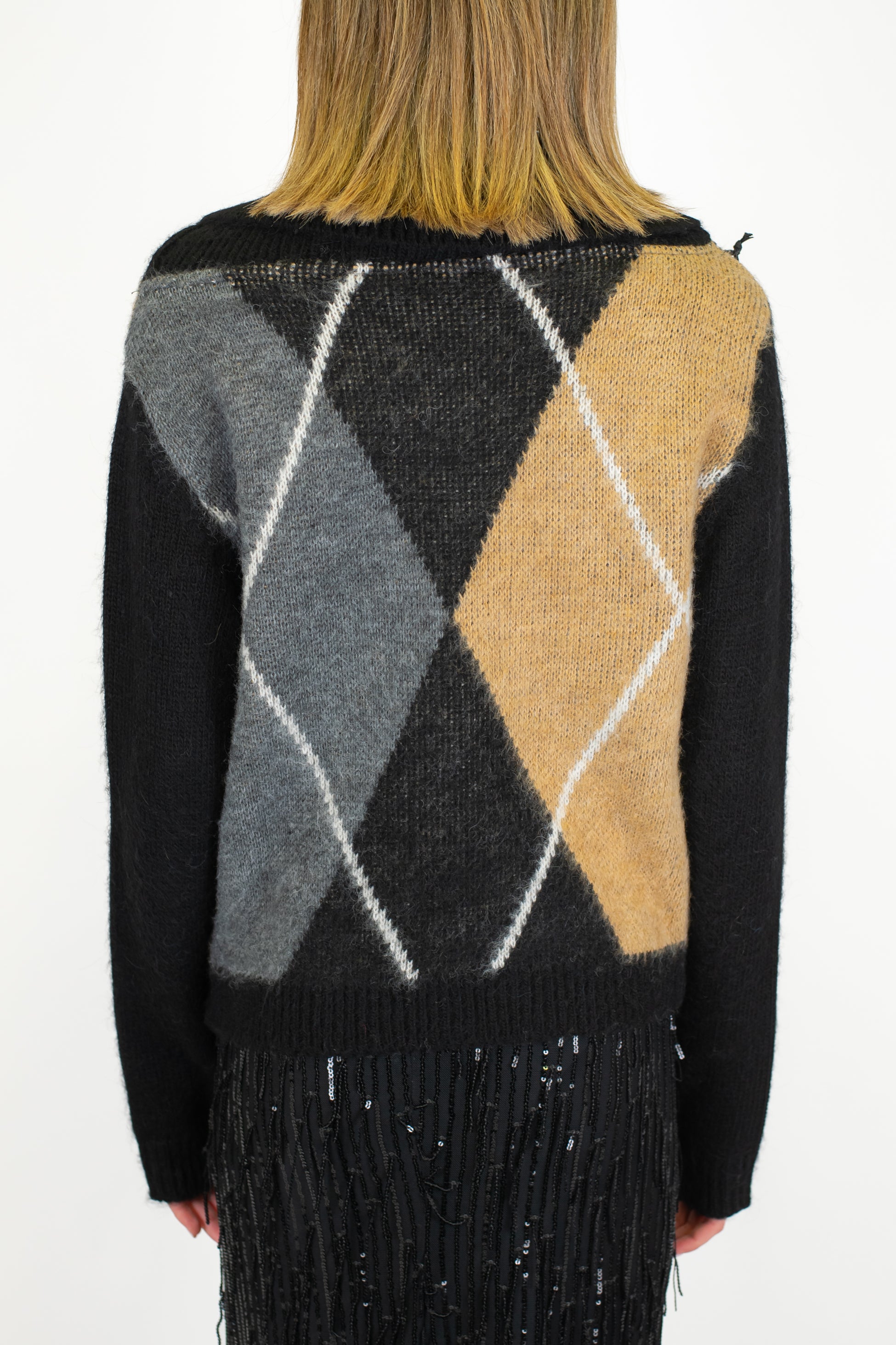 Maryley - Dolvevita con collo sciallato fantasia rombi a contrasto in misto lana