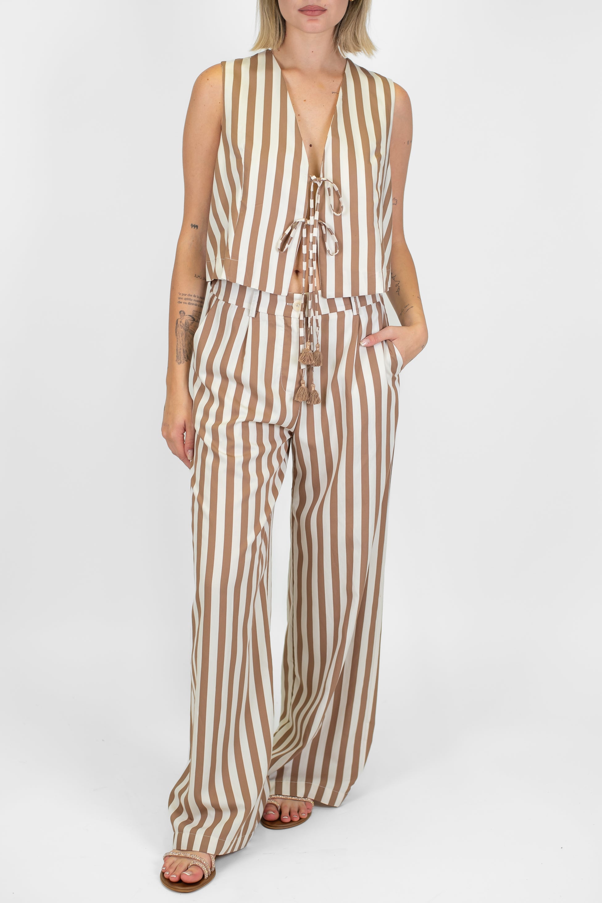 Motel - Pantalone palazzo fantasia a righe in viscosa leggera con elastico sul retro