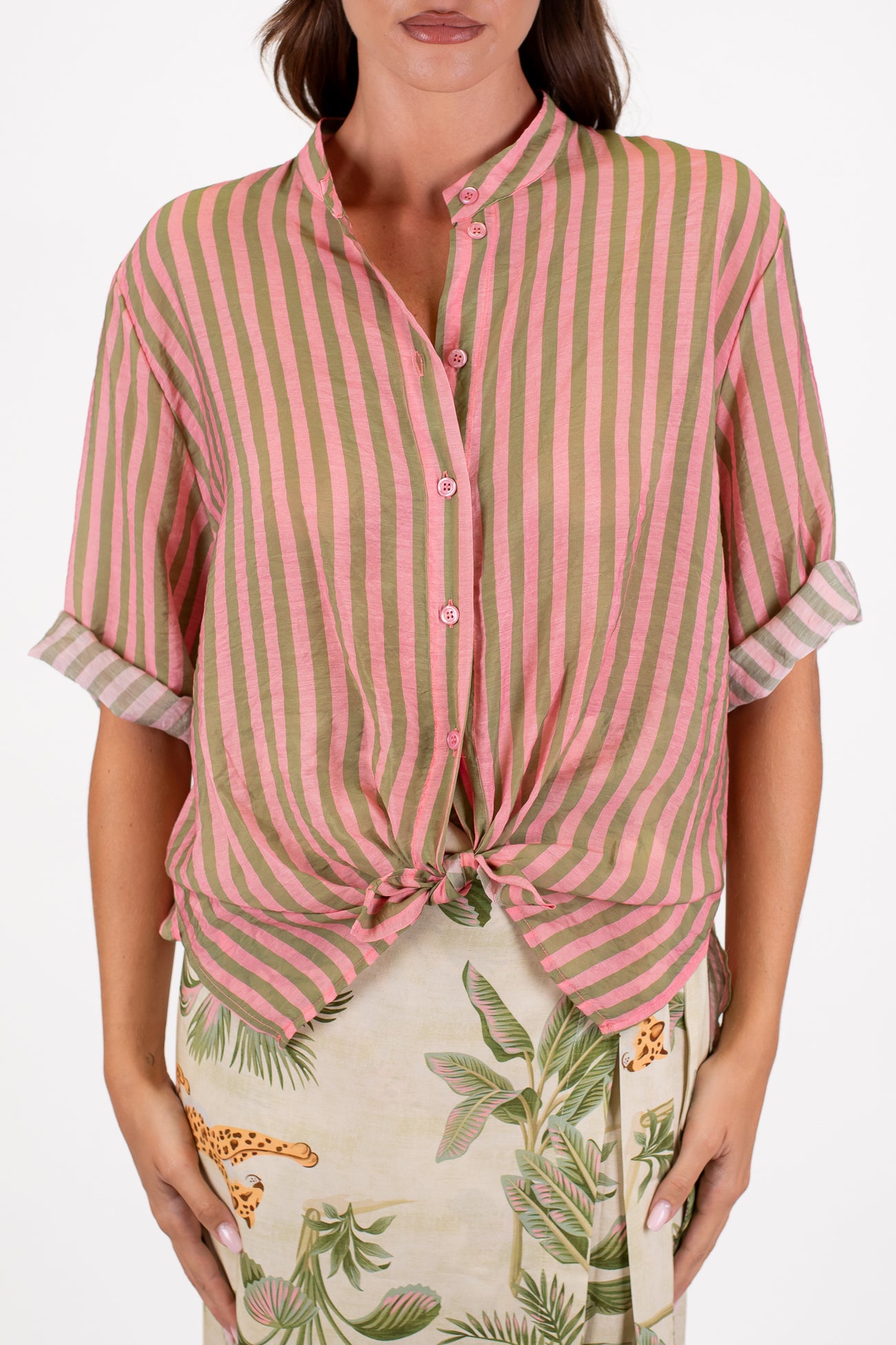 Dixie - Camicia fantasia righe strette in viscosa leggera con collo coreano