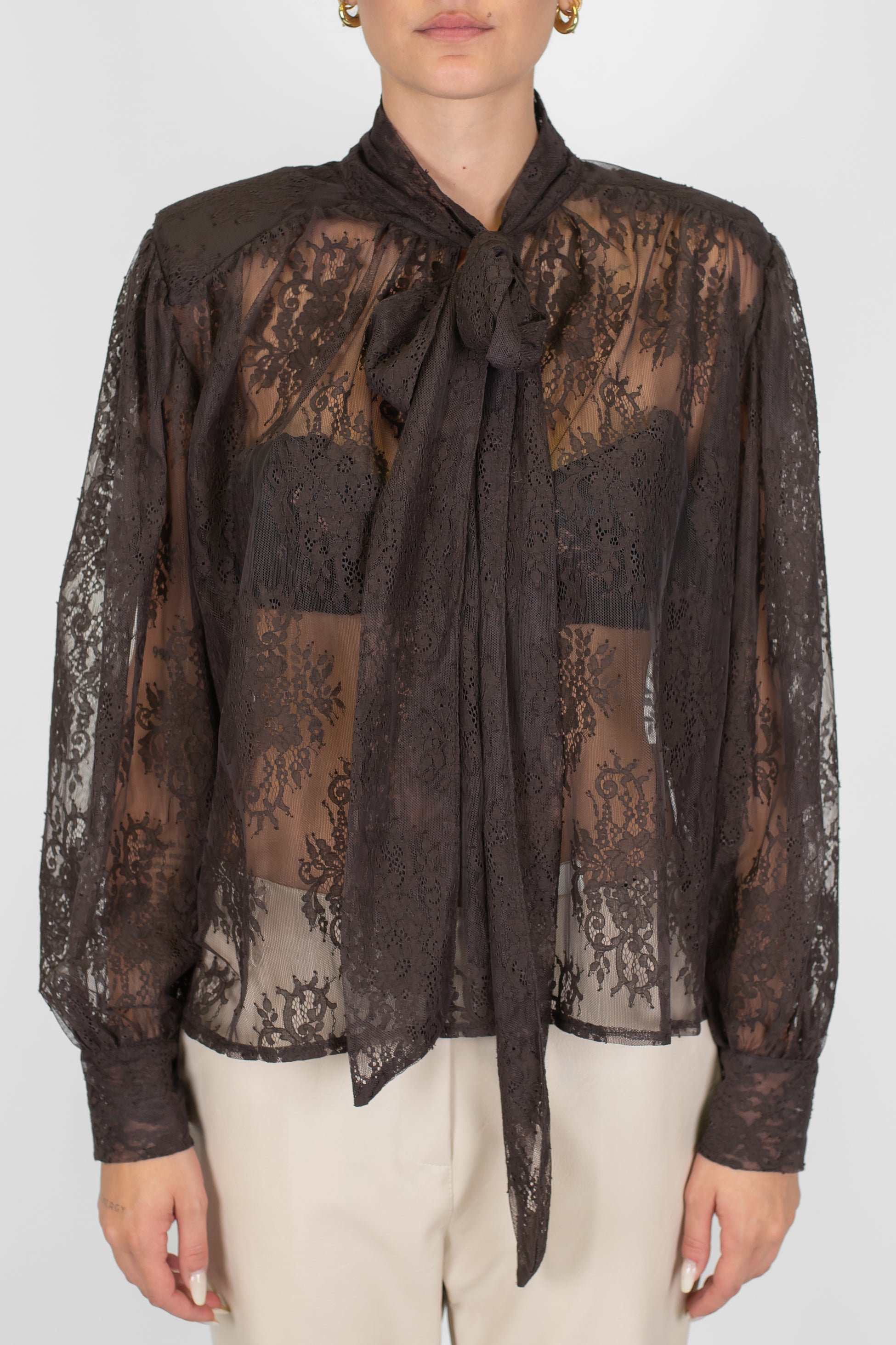 Motel - Blusa in pizzo con fiocco al collo e spalline