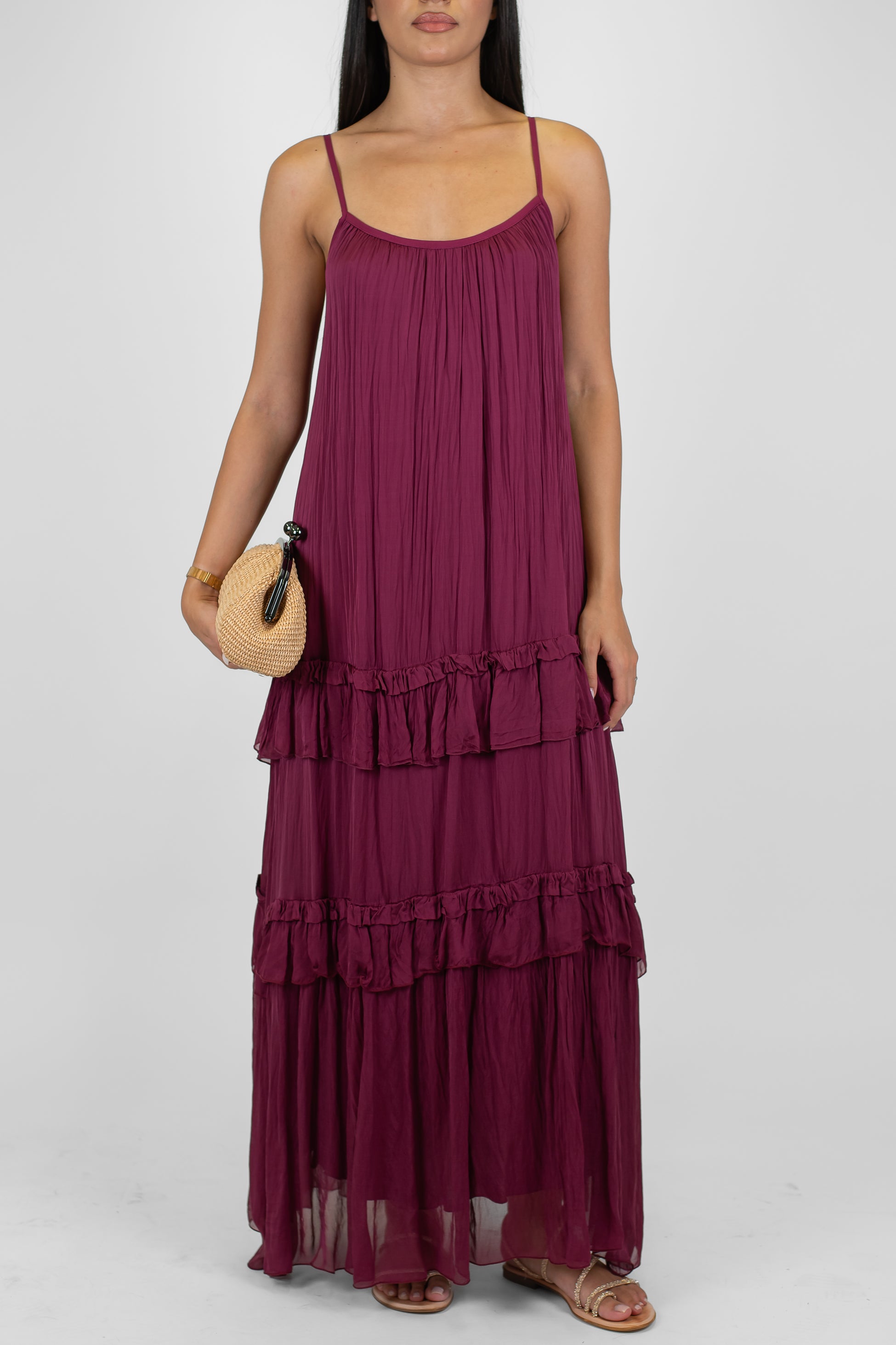 Dixie - Abito lungo in misto seta con bretelline e balze con rouches