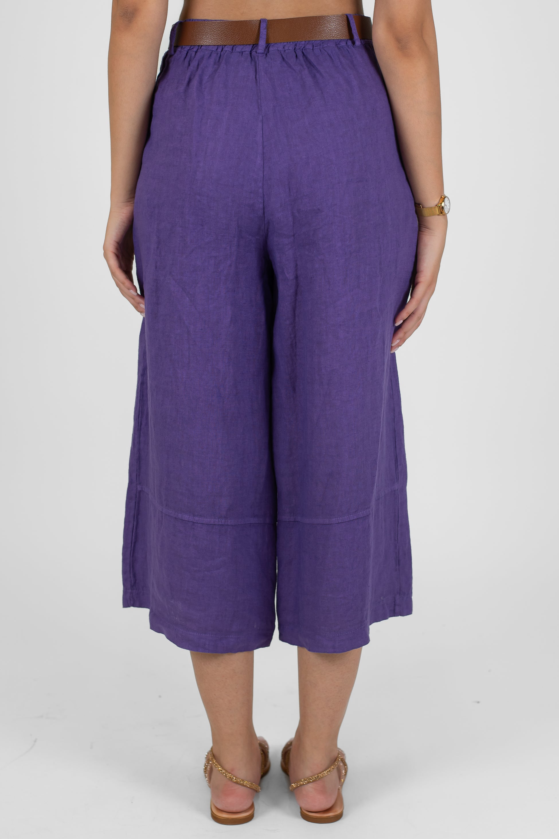 Haveone - Pantalone crop a gamba ampia in puro lino con elastico sul retro