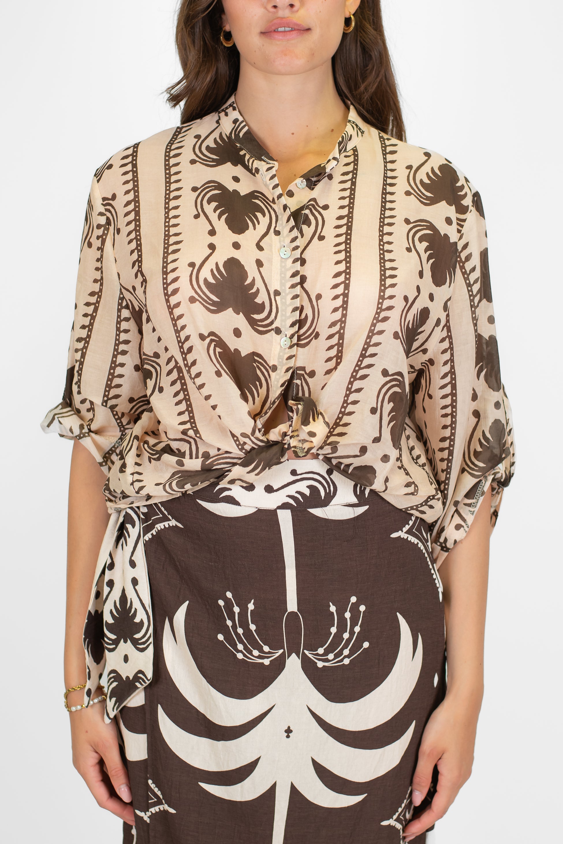 Haveone - Camicia in misto seta fantasia etnica con collo coreano