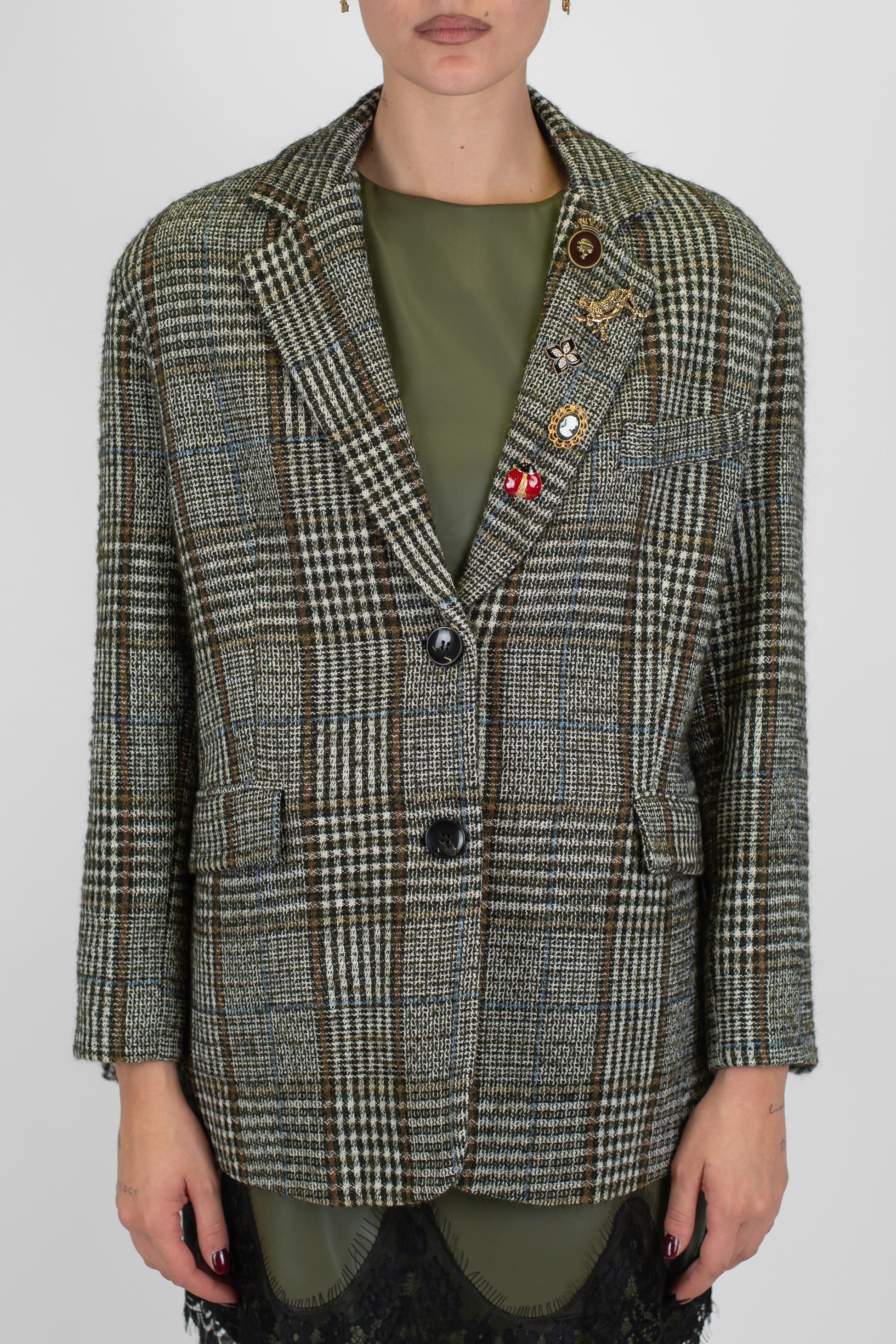 Tensione in - Giacca monopetto fantasia check in misto lana con spille gioiello
