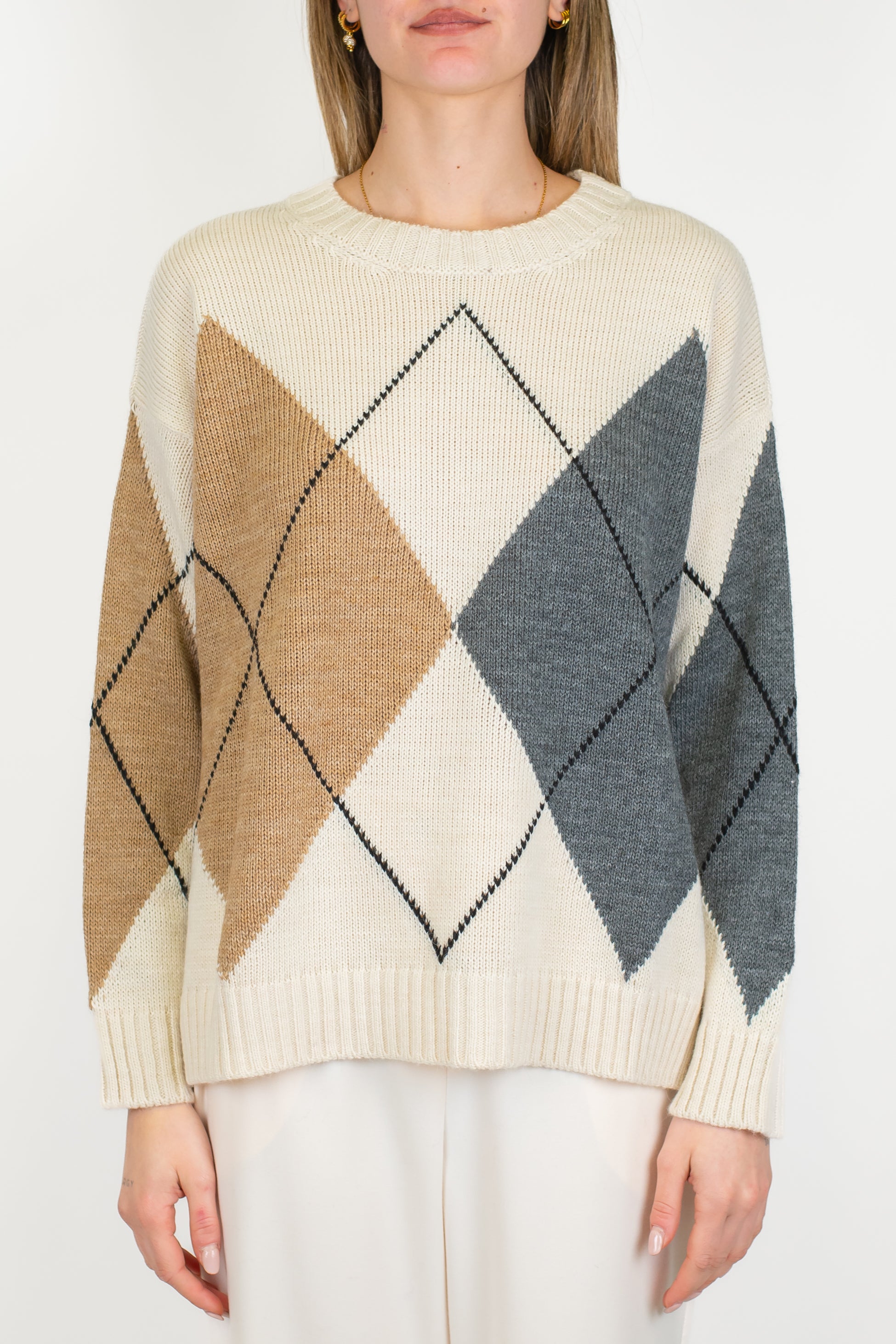 Tensione in - Maglia girocollo over in misto lana fantasia rombi