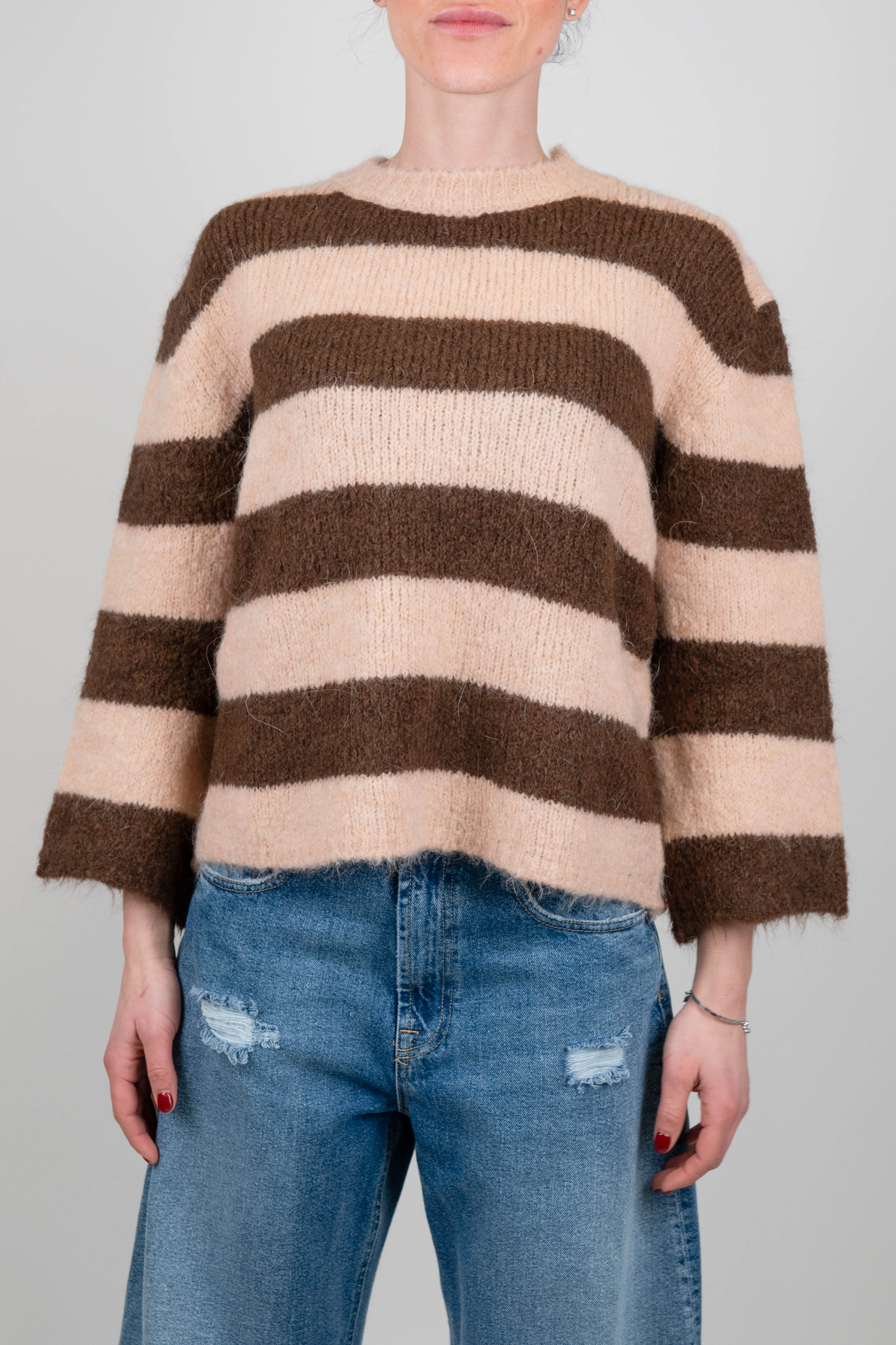 Tensione in - Maglia a scatola fantasia a righe in misto lana con manica tre quarti