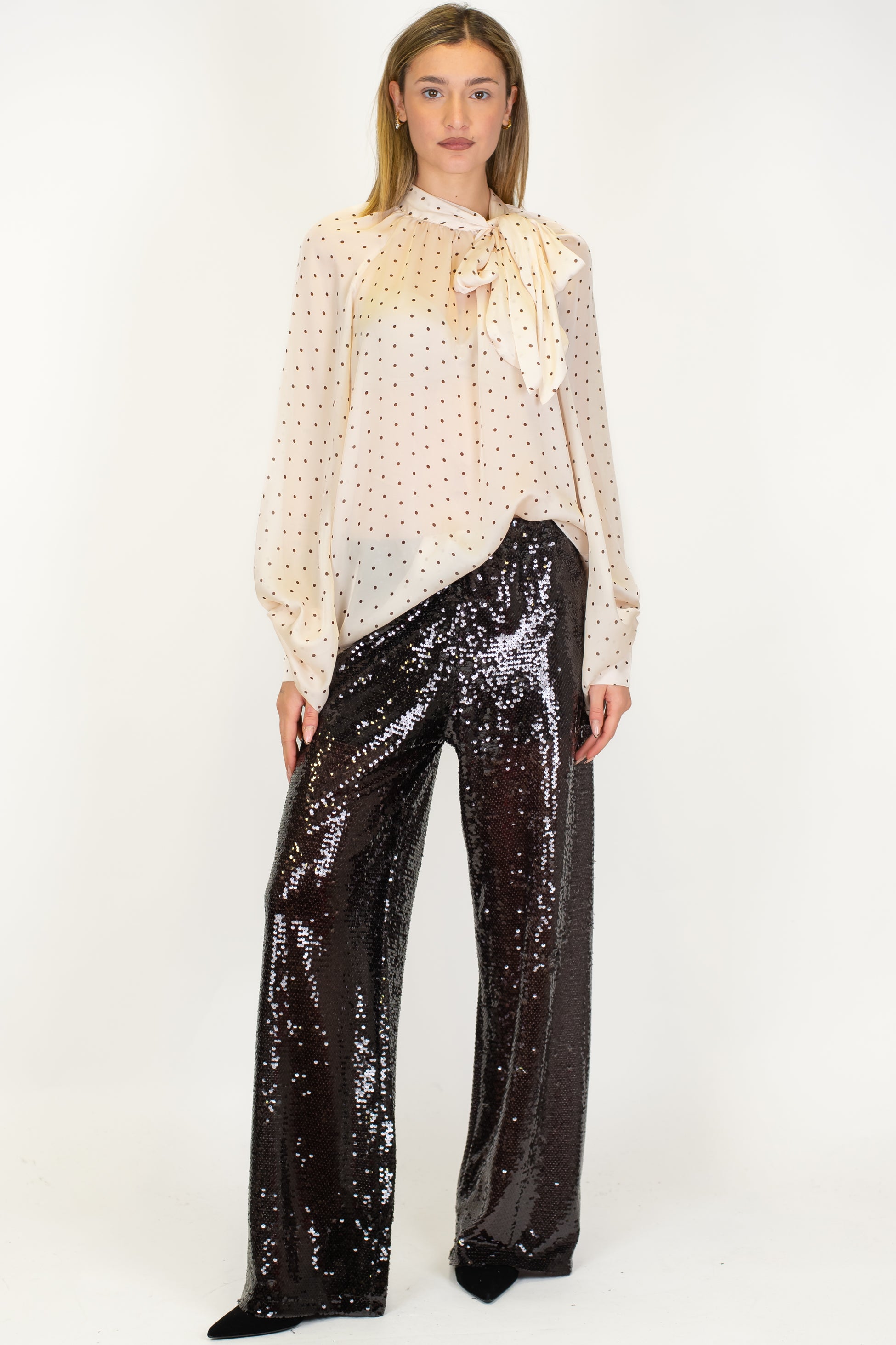 Motel - Pantalone palazzo in paillettes con elastico in vita