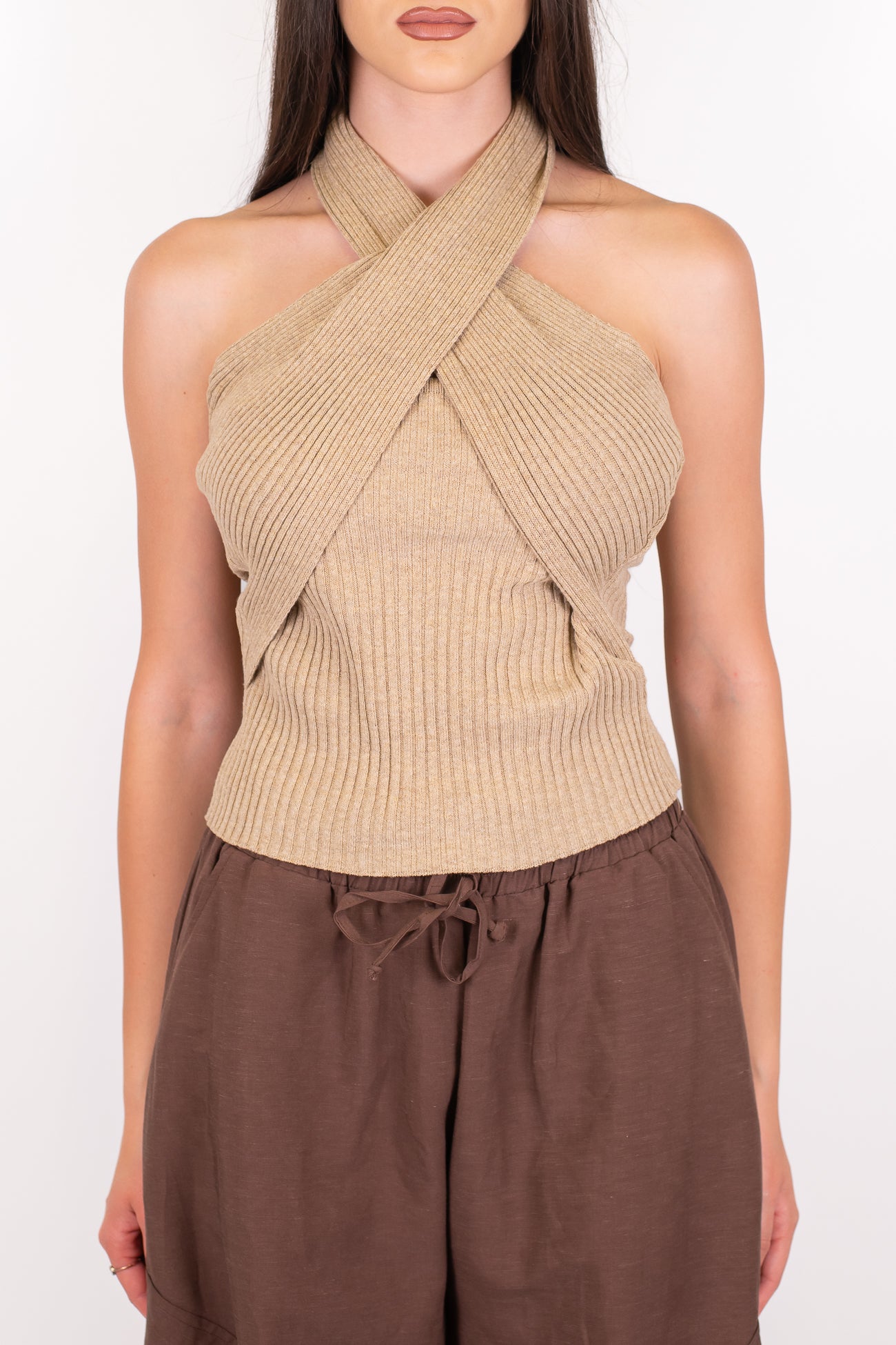 Dixie - Top fascia a costine con passaggio al collo ad incrocio