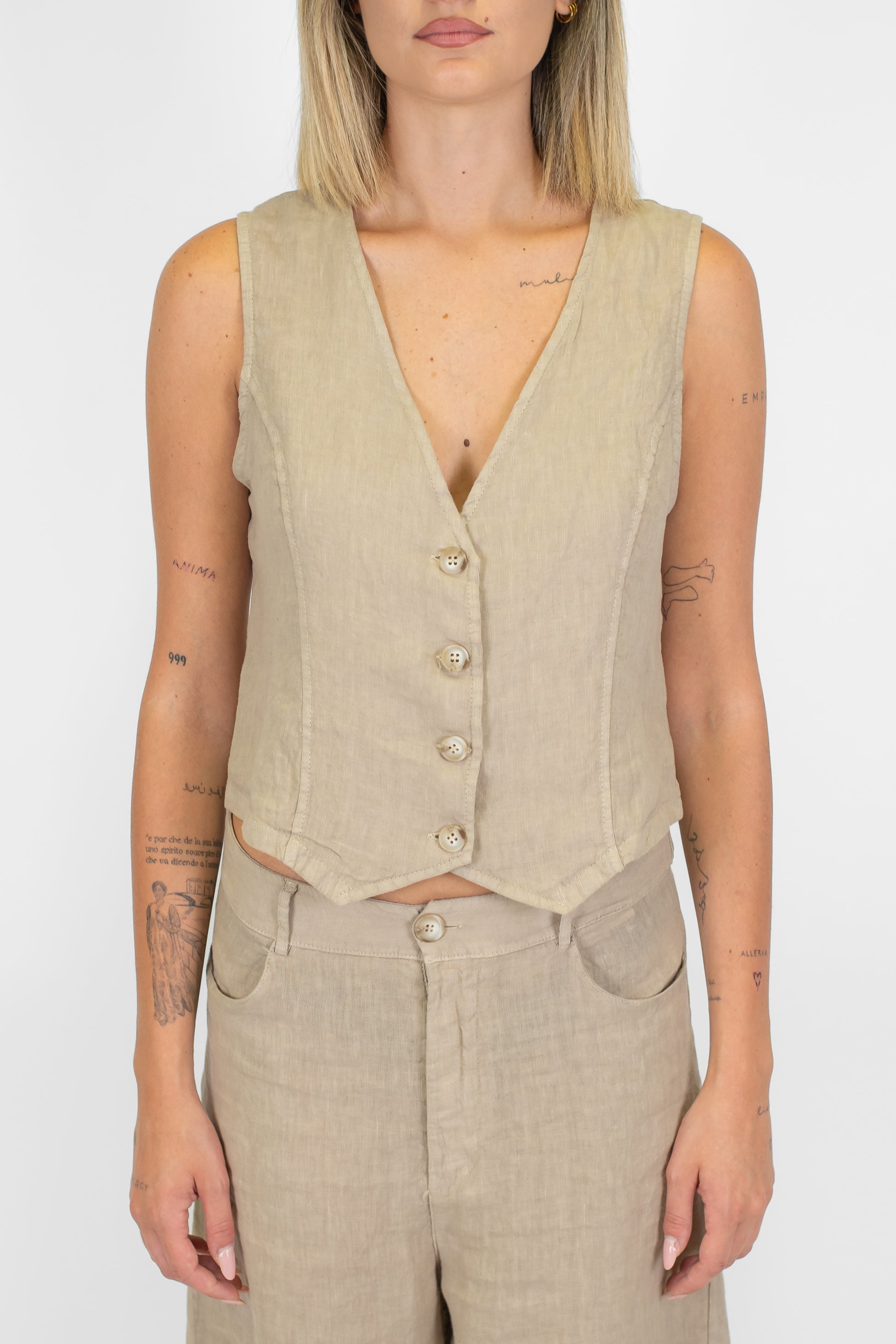 Haveone - Gilet in puro lino con chiusura a quattro bottoni