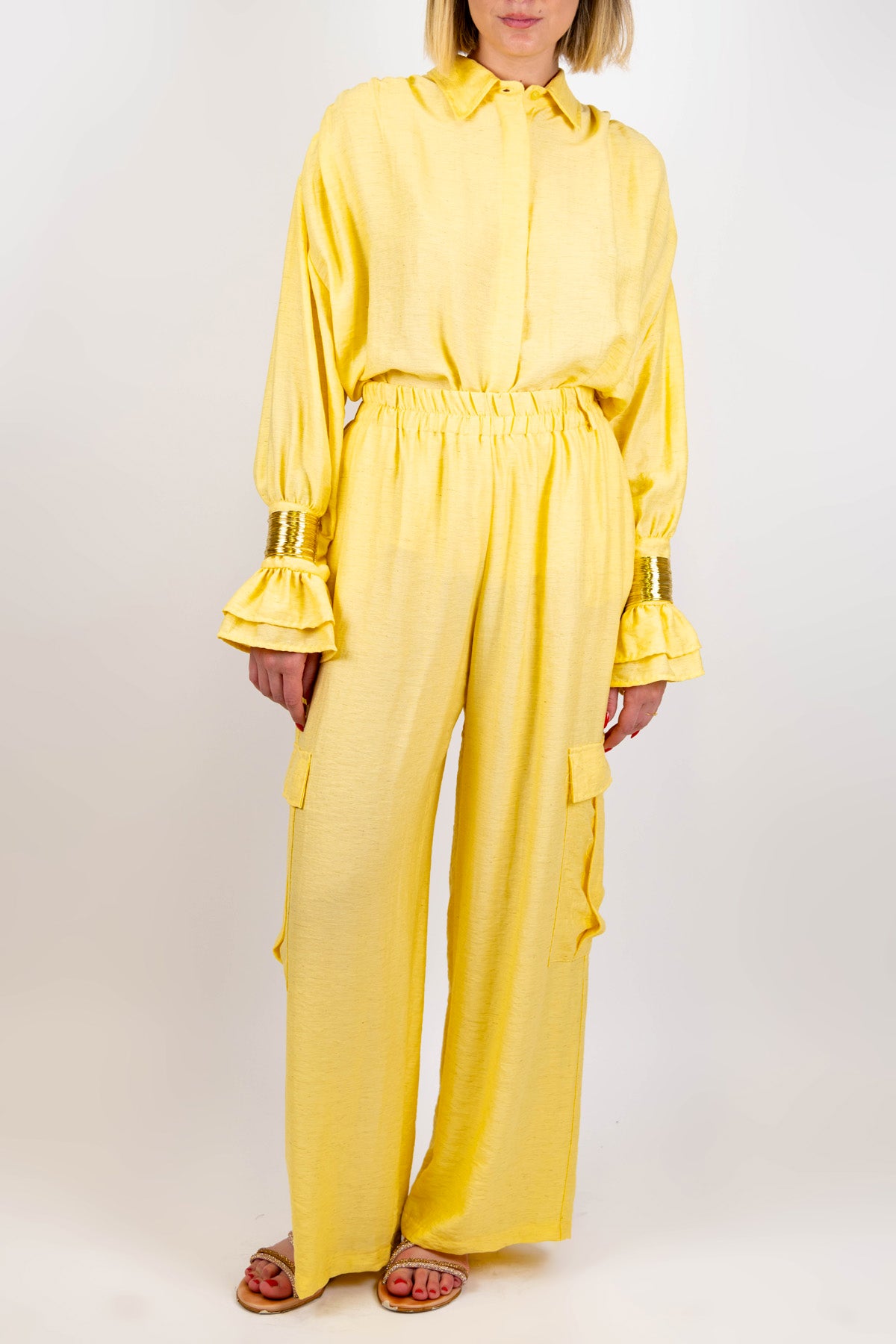 Haveone - Pantalone cargo palazzo in misto lino con elastico in vita