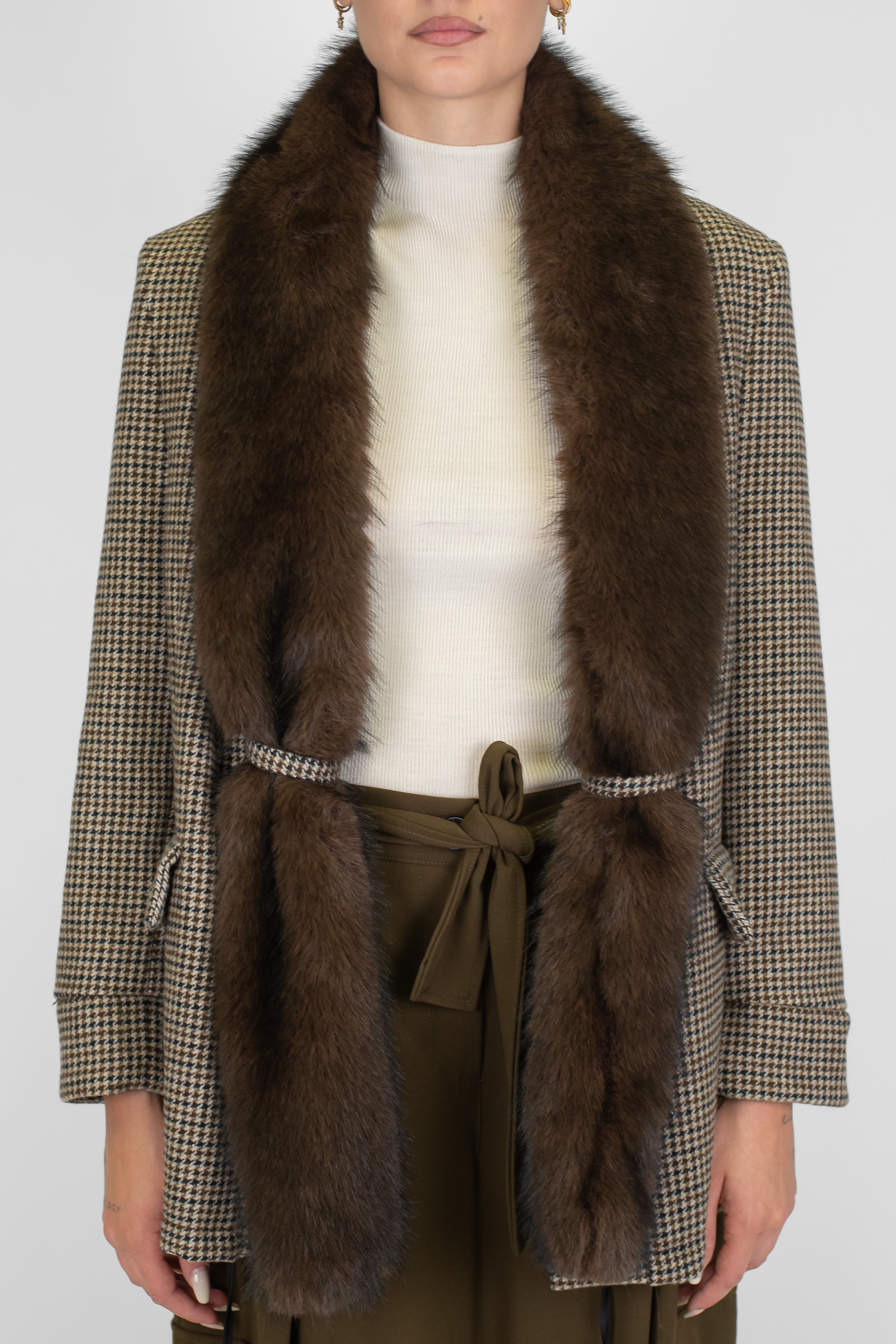 Motel - Giacca aperta fantasia pied de poule in misto lana con collo e profilo in ecopelliccia