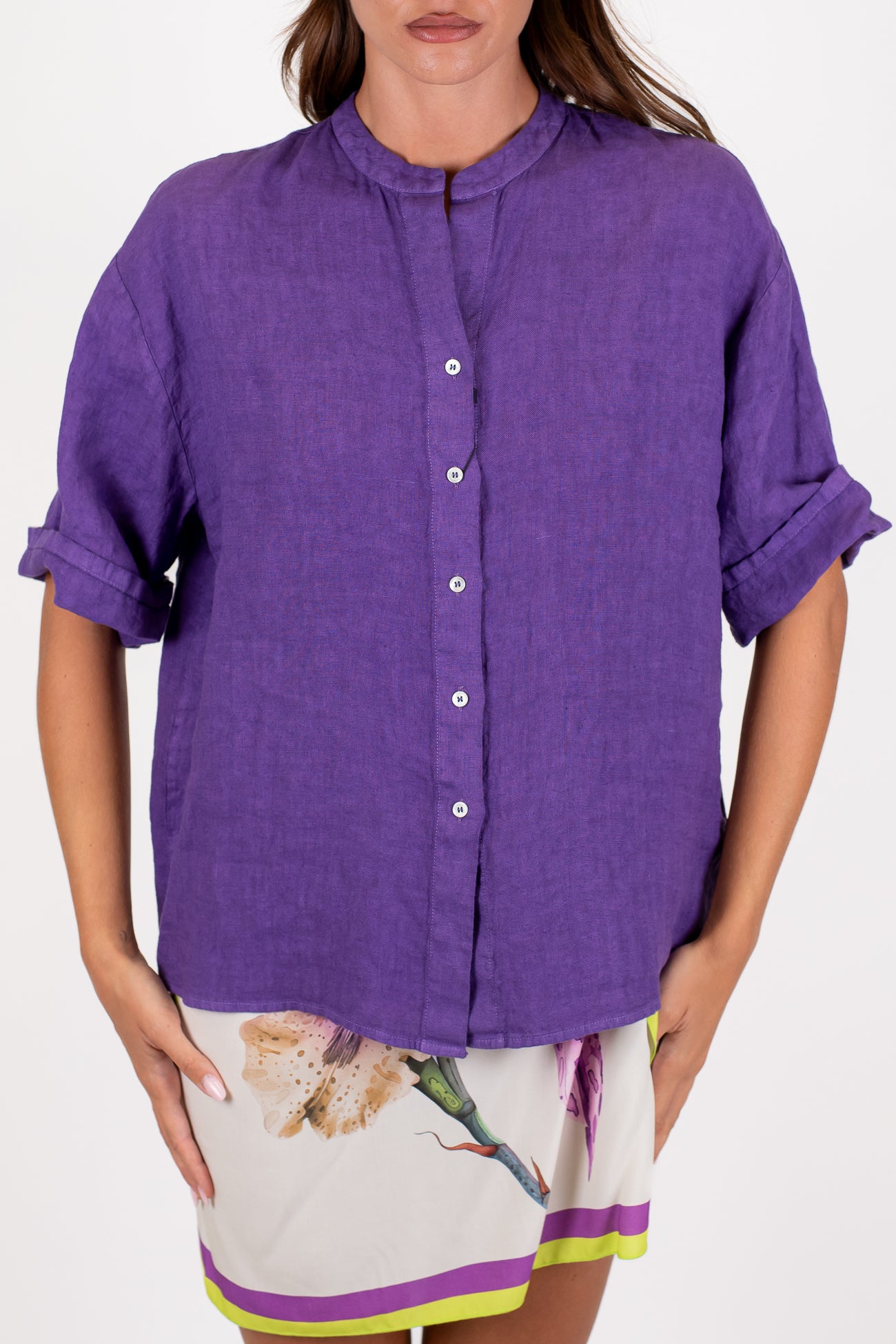 Dixie - Camicia mezzamanica in puro lino con collo coreano