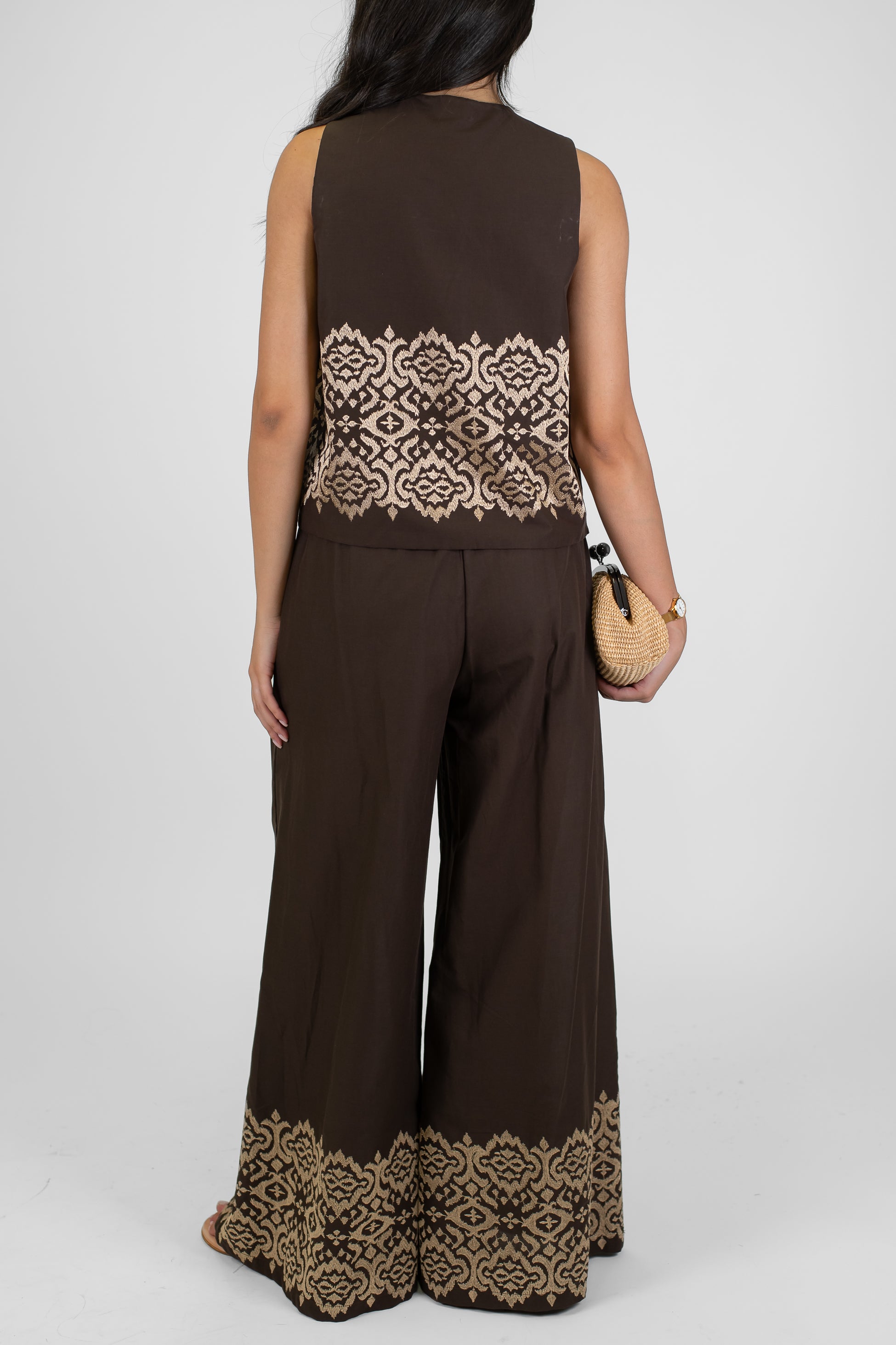 Motel - Coordinato gilet e pantalone palazzo con ricami a contrasto e coulisse