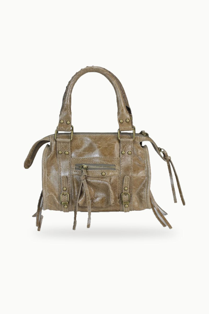 Borsa piccola in pelle spalmata con finiture in oro anticato
