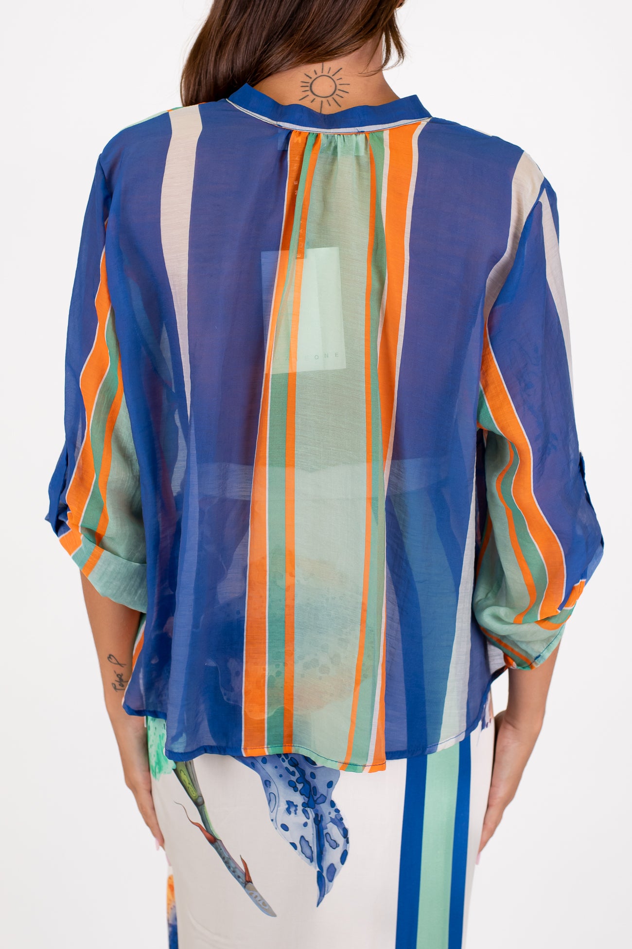 Haveone - Camicia fantasia a righe multicolor in lyocell con collo coreano