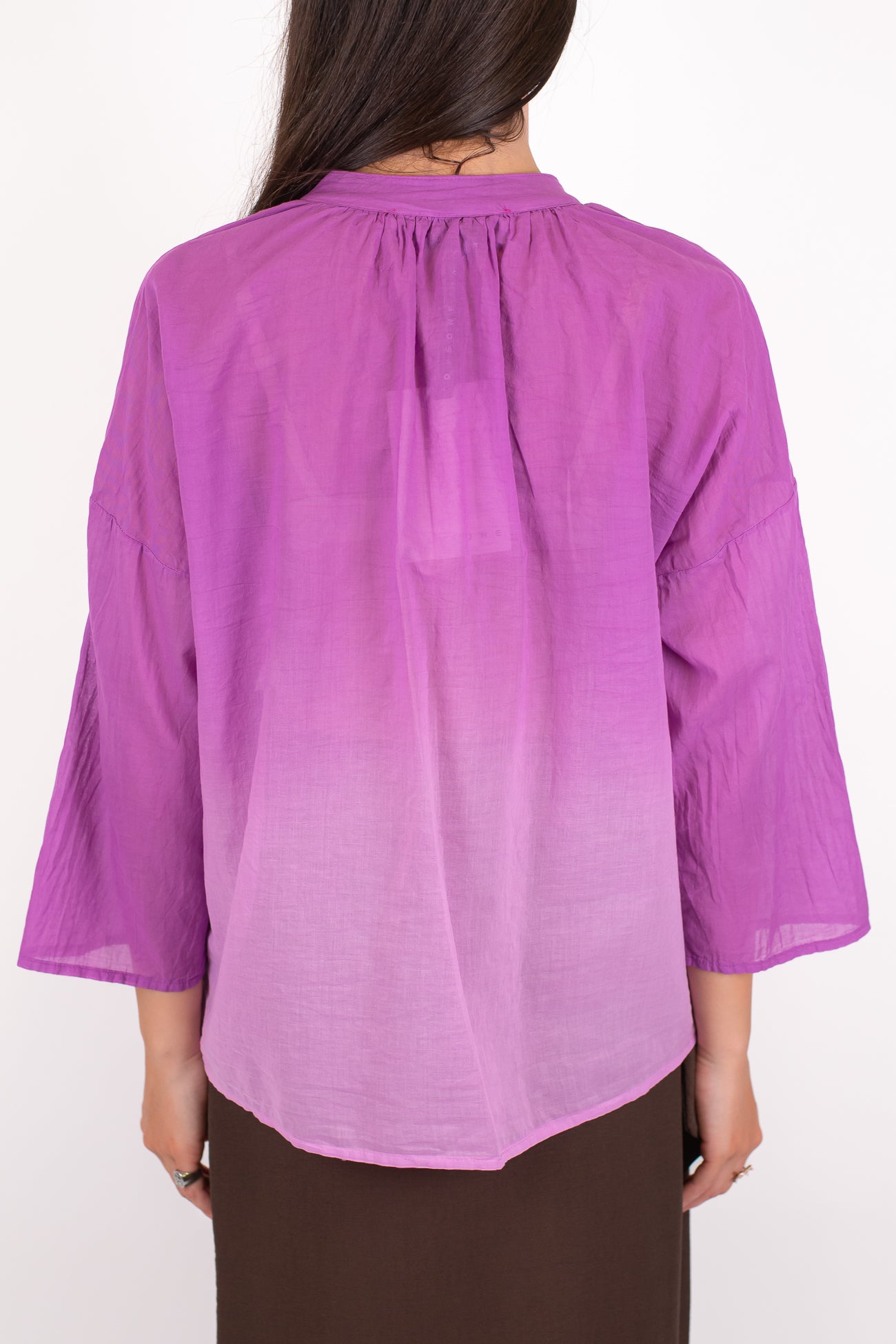 Haveone - Camicia fantasia sfumata in musssola di cotone con collo coreano e manicha tre quarti