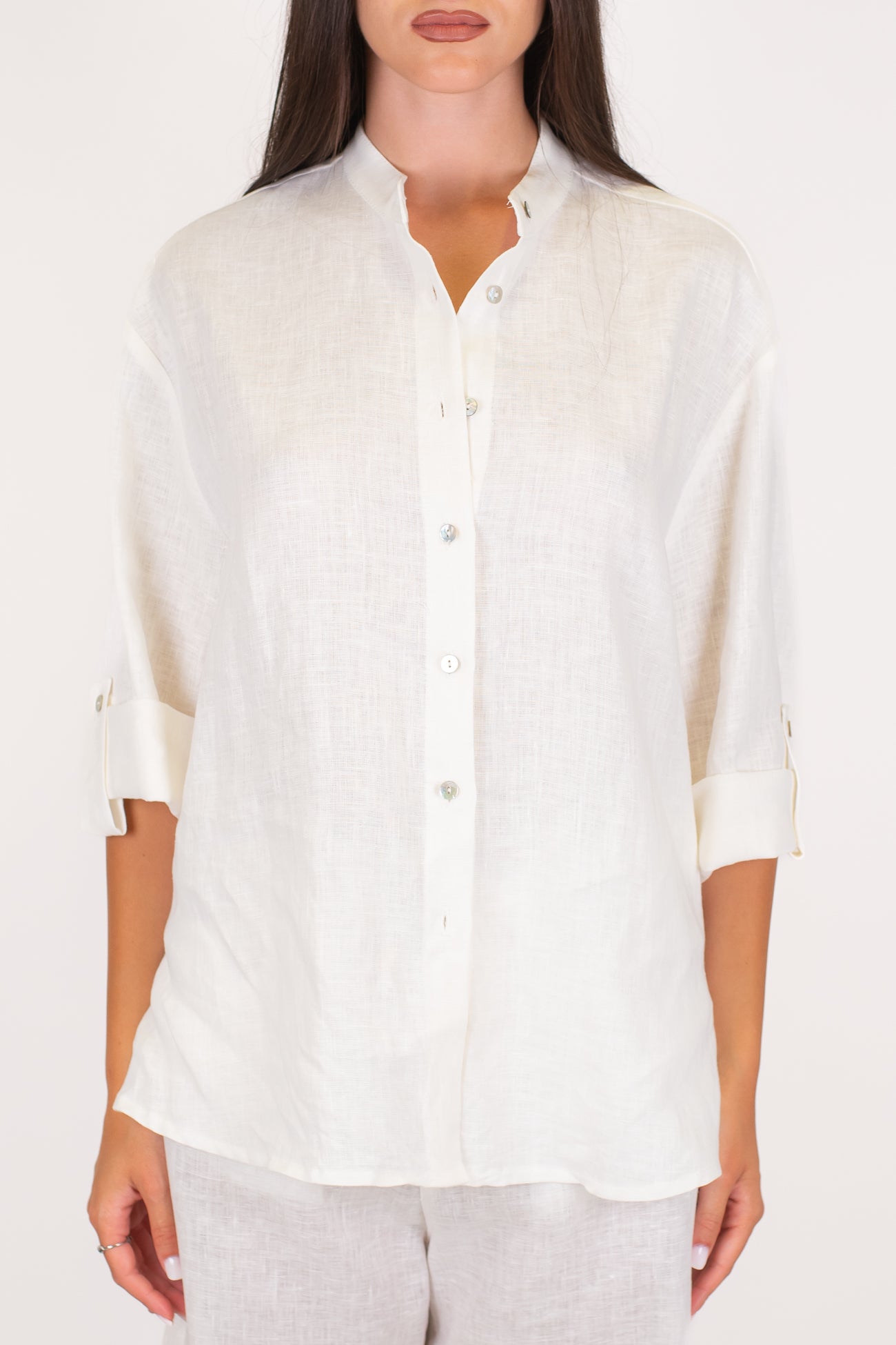 Maryley - Camicia in puro lino con collo alla coreana