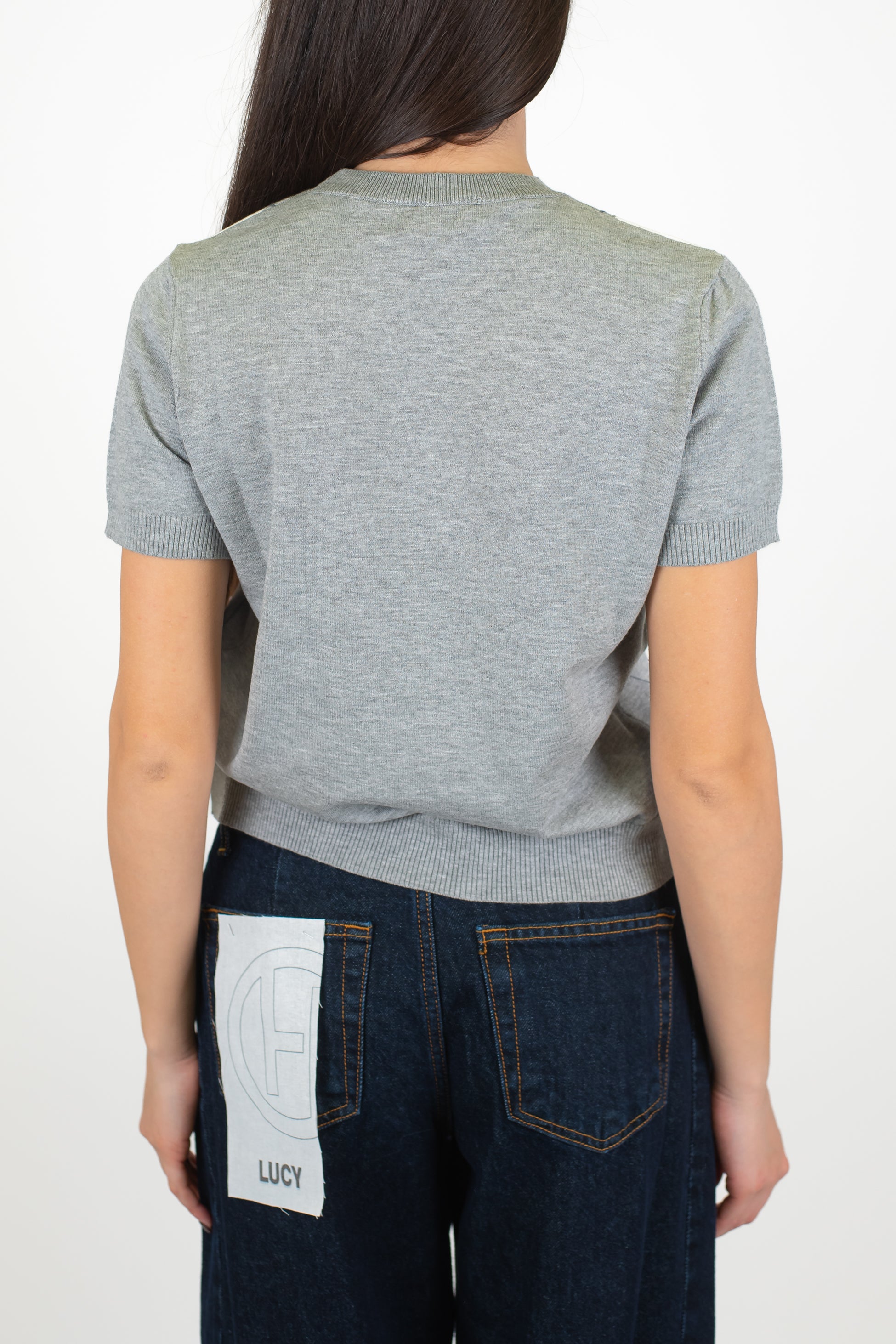 Motel - Maglia mezzamanioca crop fantasia rombi a contrasto in viscosa leggera