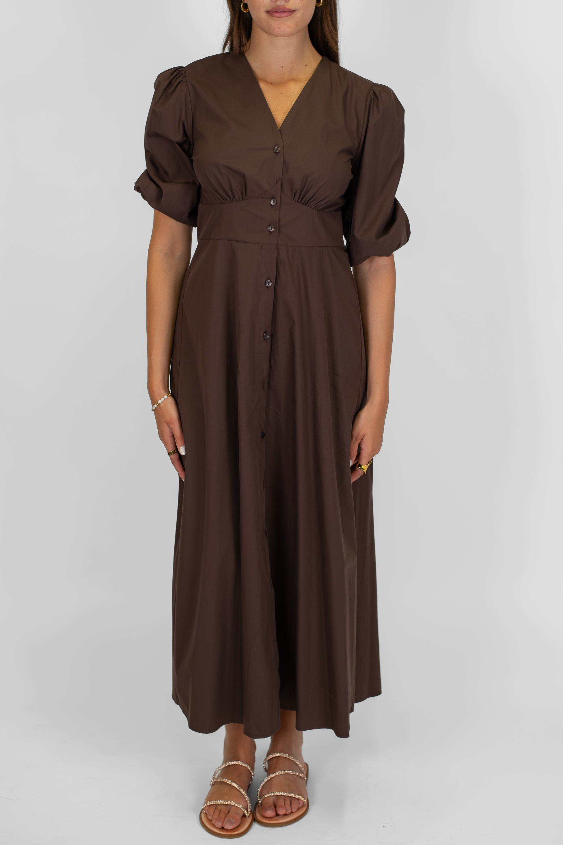 Tensione in - Abito lungo in cotone scollo v con bottoncini