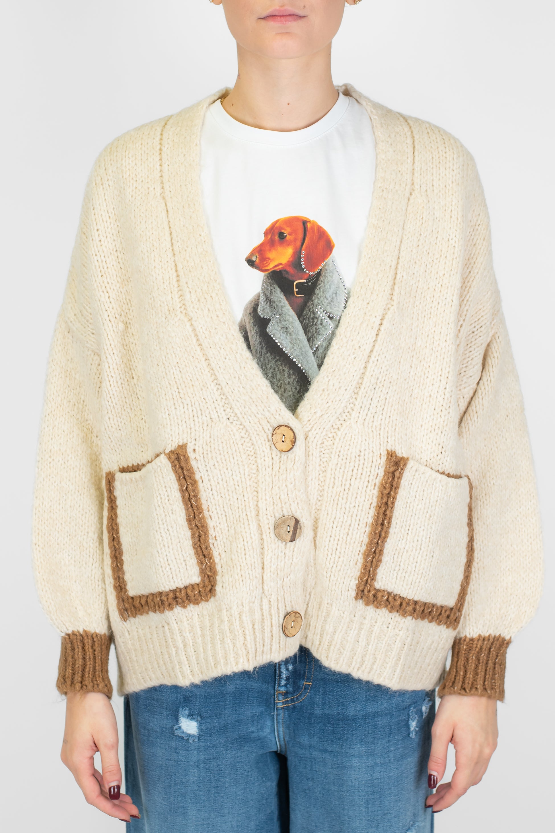 Haveone - Cardigan over in misto lana con profilo tasca e polsini a contrasto