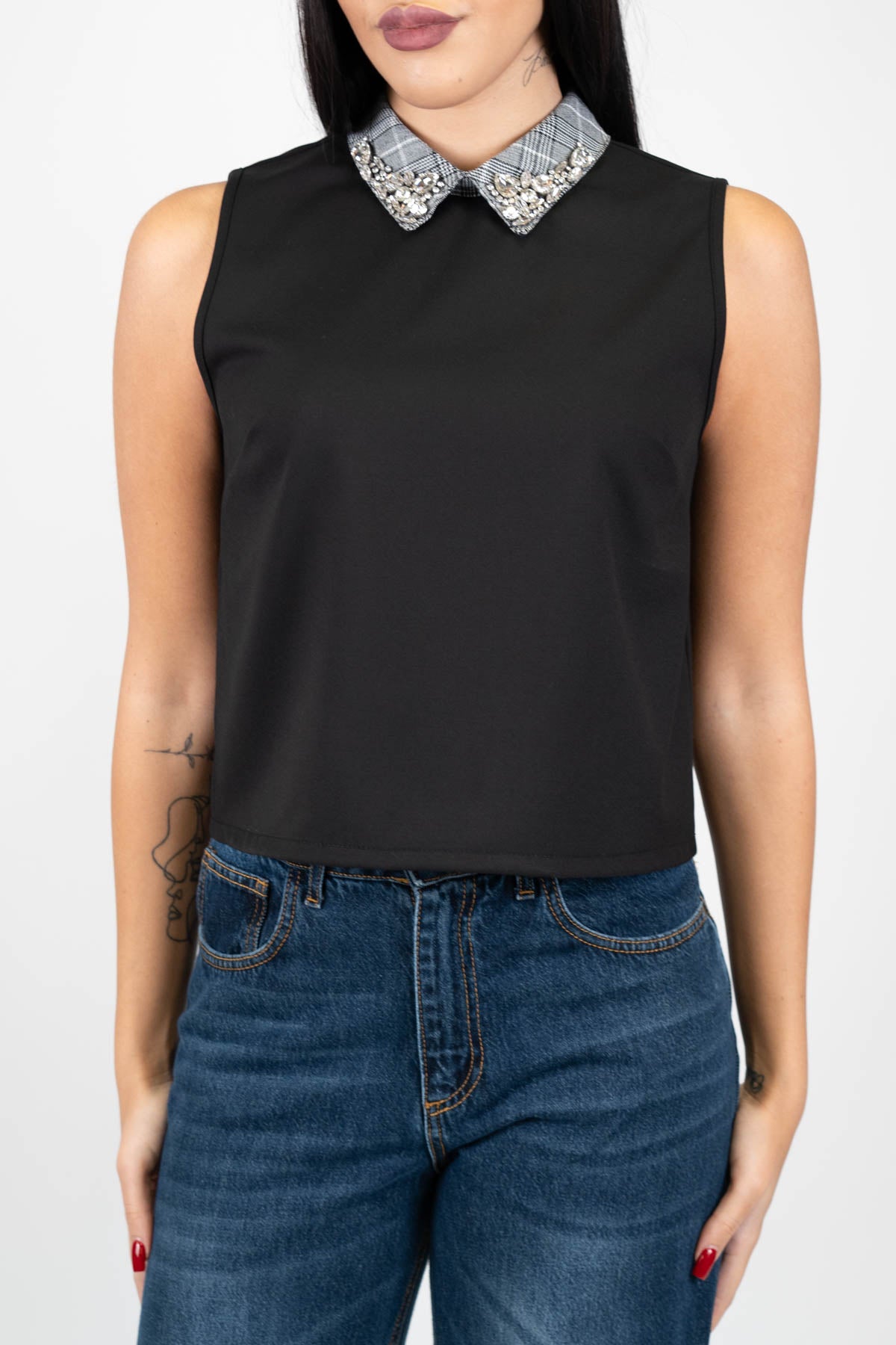 Motel - Top giromaniche con colletto fantasia e strass