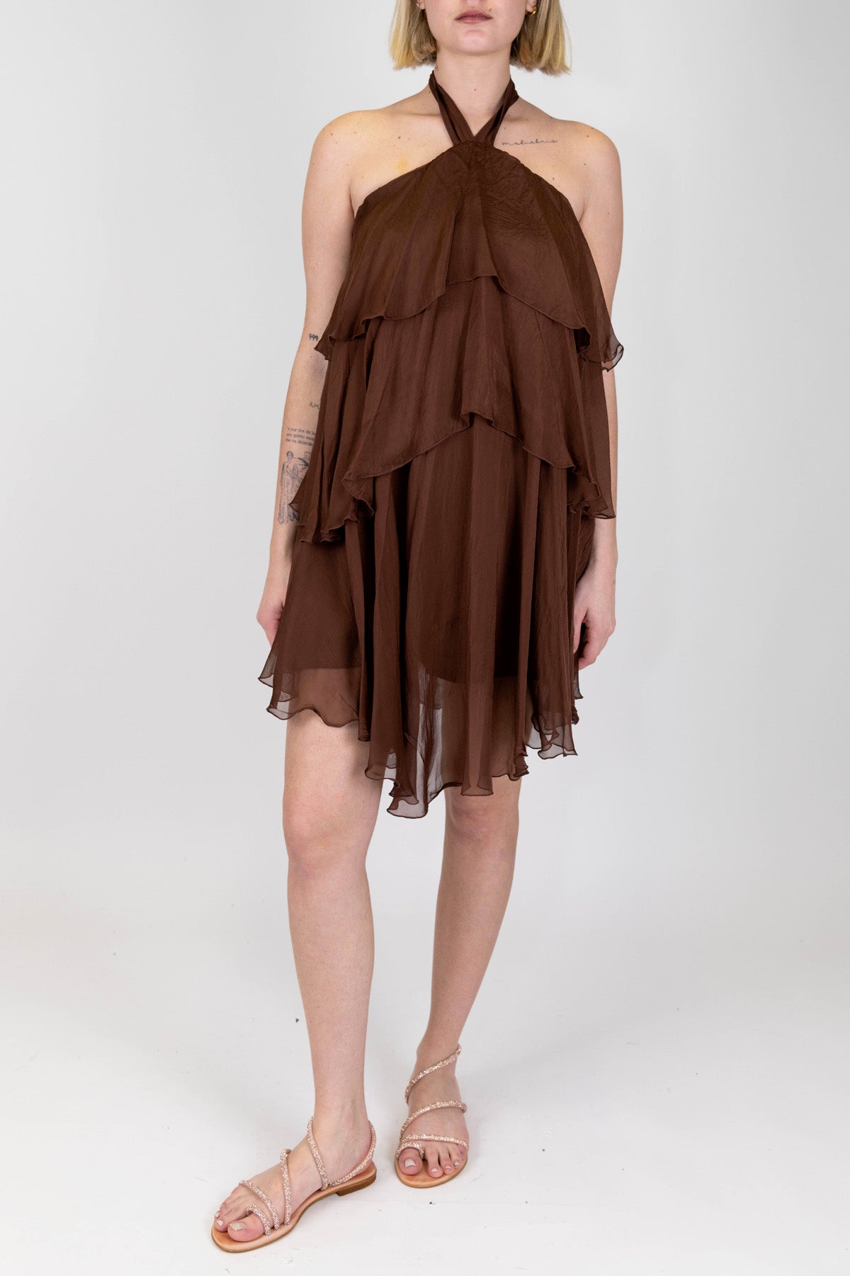 Haveone - Abito corto in misto seta con allaccio al collo e balze