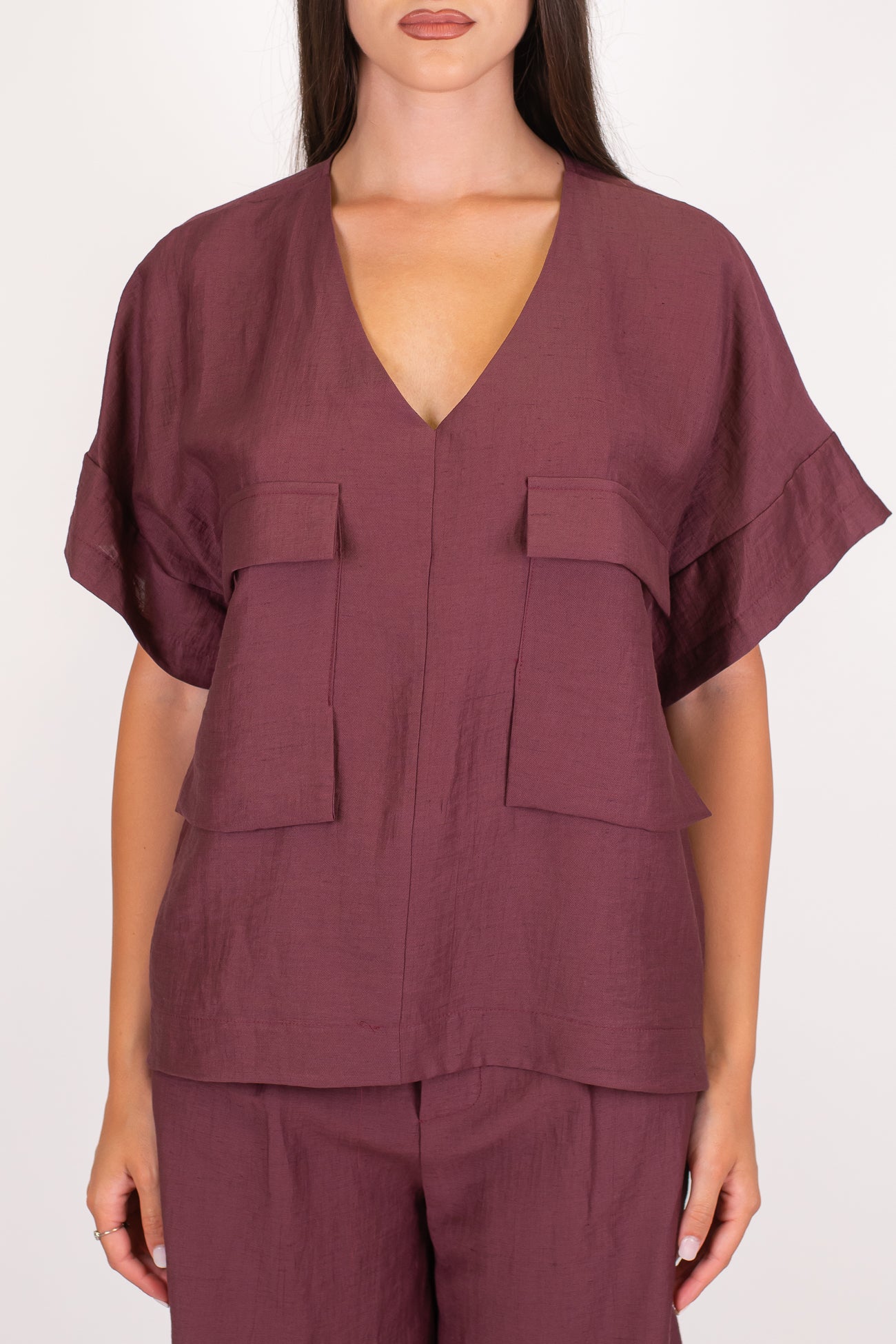 Dixie - Blusa mezzamanica in misto lino con sollo a V e tasconi laterali