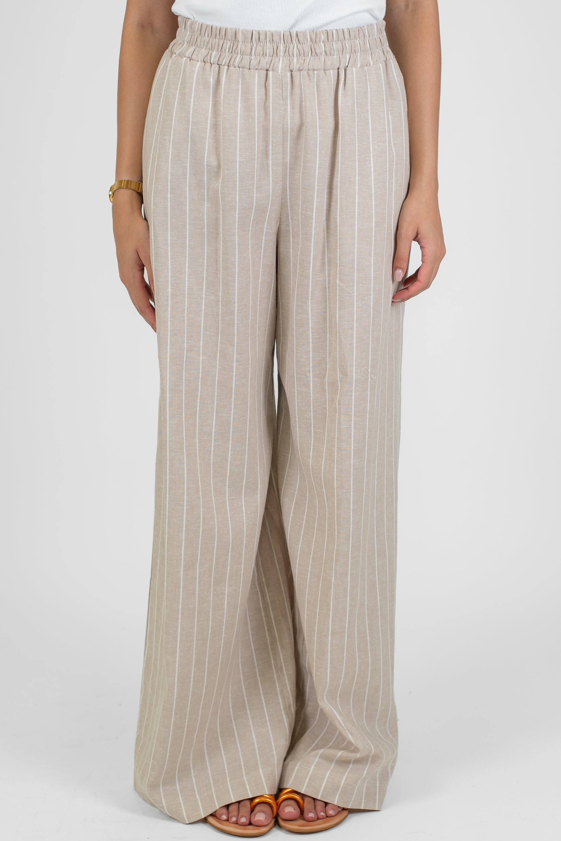 Please - Pantalone palazzo gessato con pinces ed elastico in vita