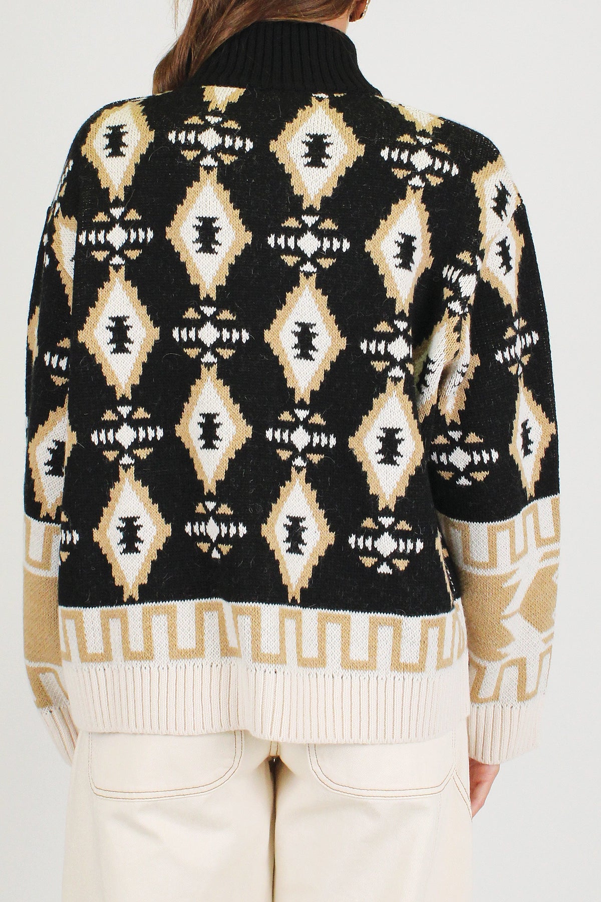 Tensione in - Cardigan fantasia etnica in misto lana con collo alto e chiusurza zip
