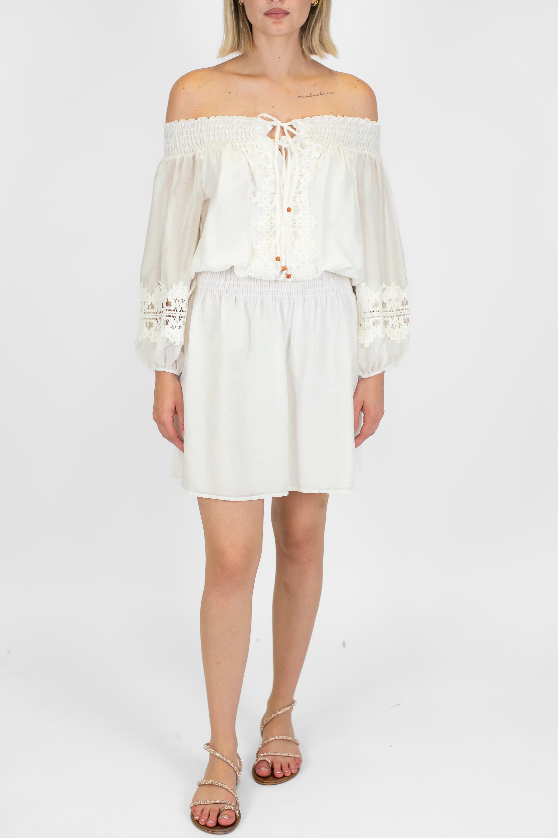 Motel - Abito corto in mussola di cotone e seta con ricami e scollo shiffer