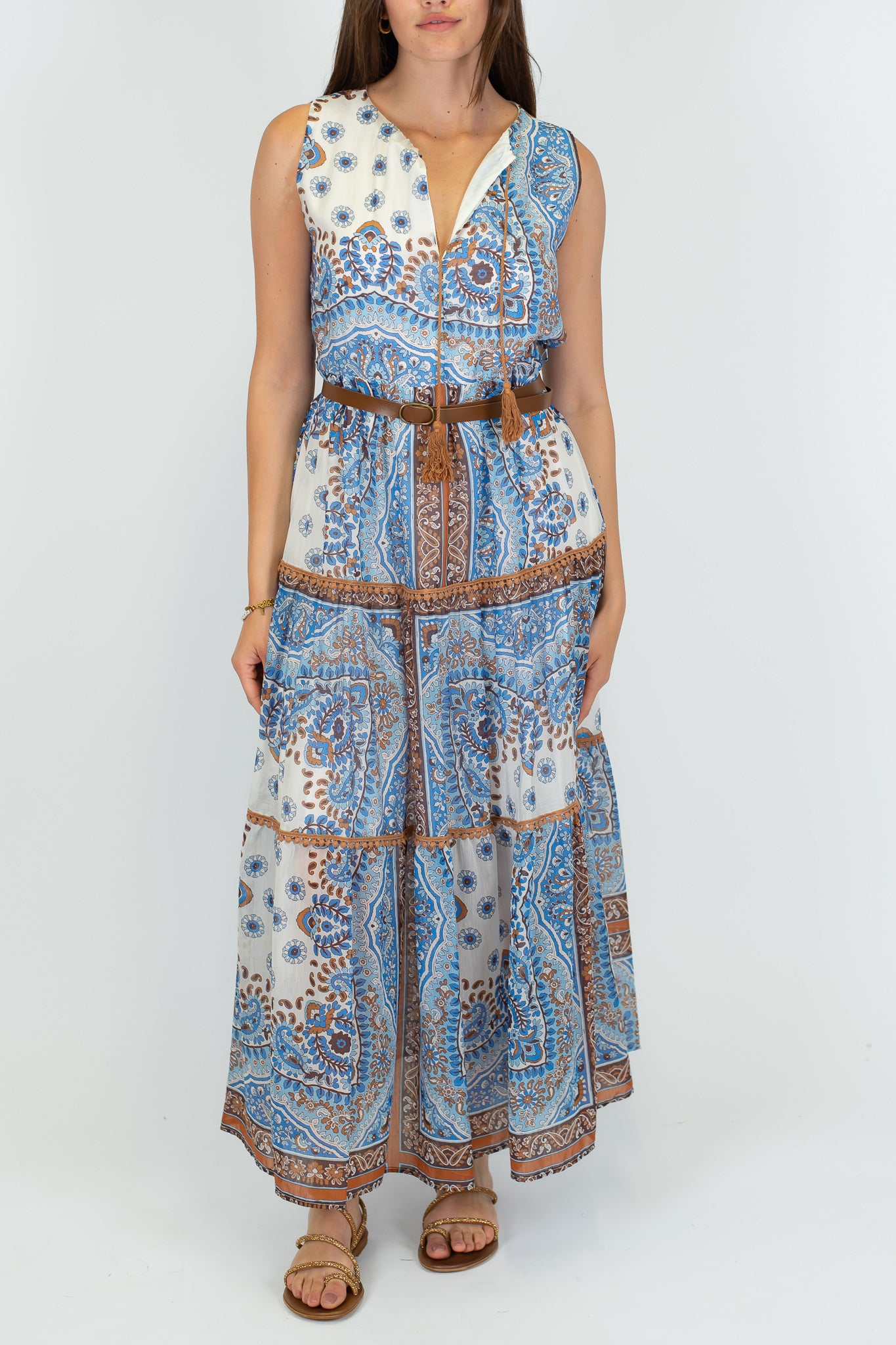 Motel - Abito lungo giromaniche fantasia con dettagli crochet in lyocell