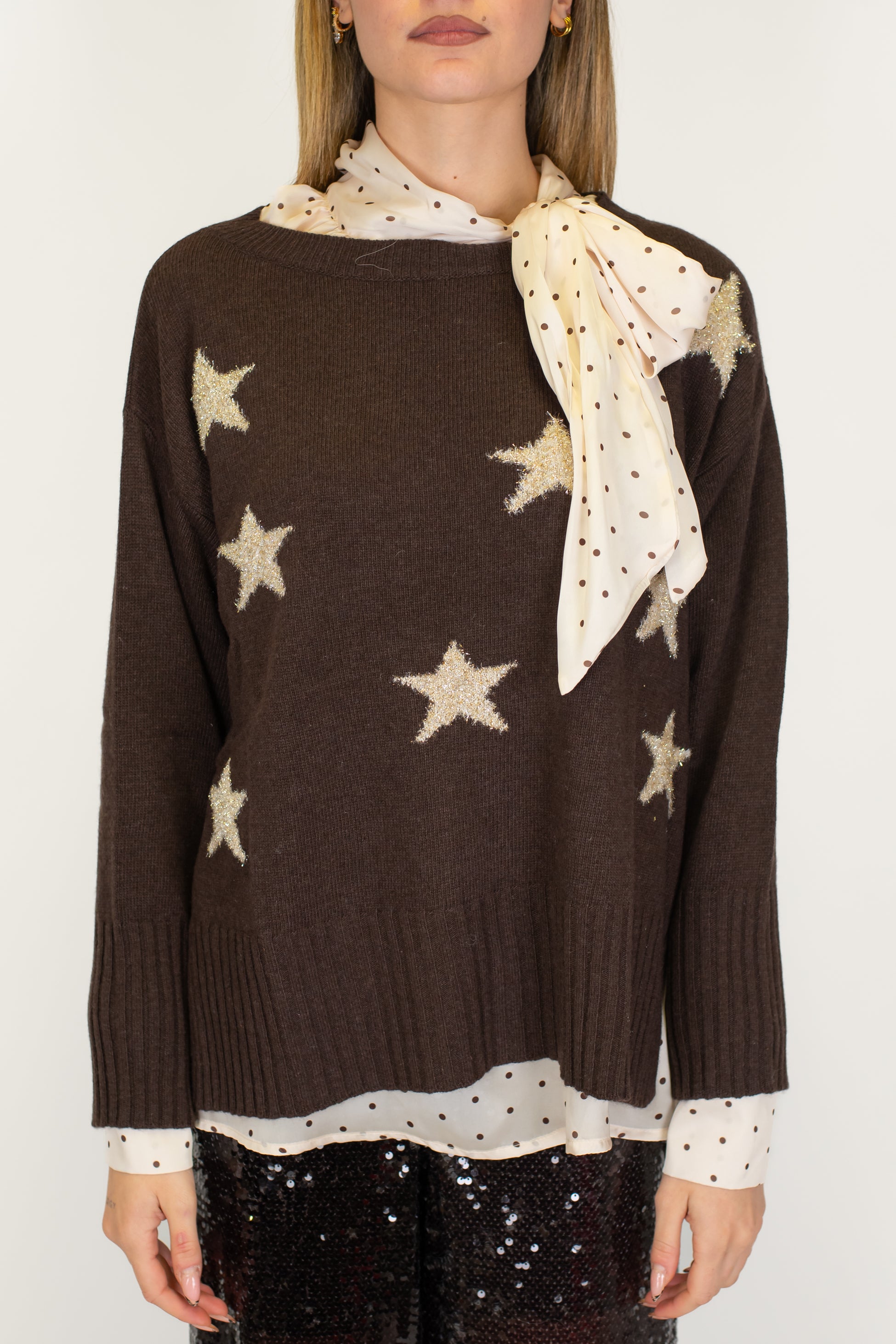 Motel - Maglia paricollo fantasia stelle a contrasto in misto lana e cashmere