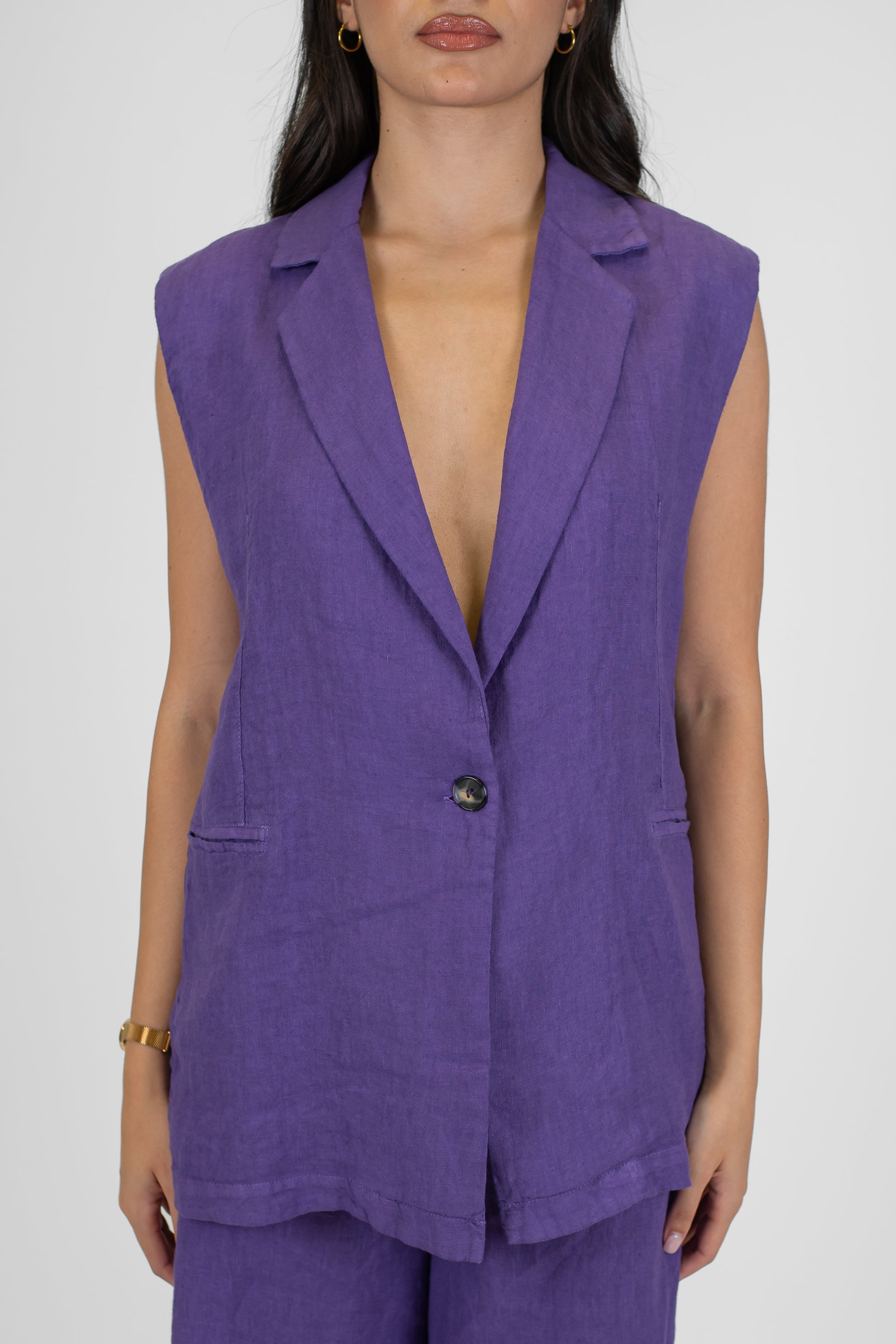 Haveone - Gilet lungo in puro lino con chiusura ad un bottone