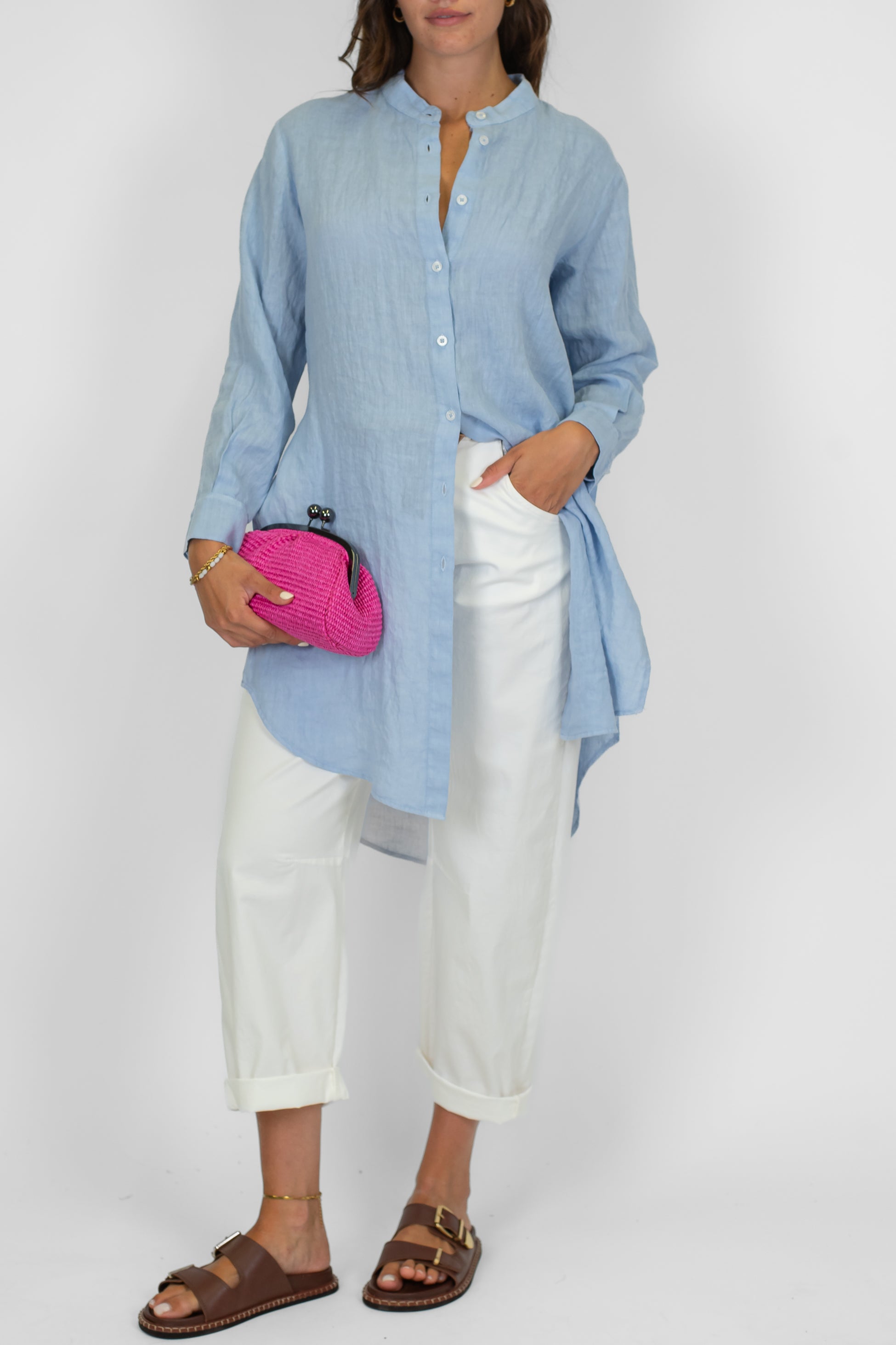 Tensione in - Camicione lungo 100% lino collo coreano