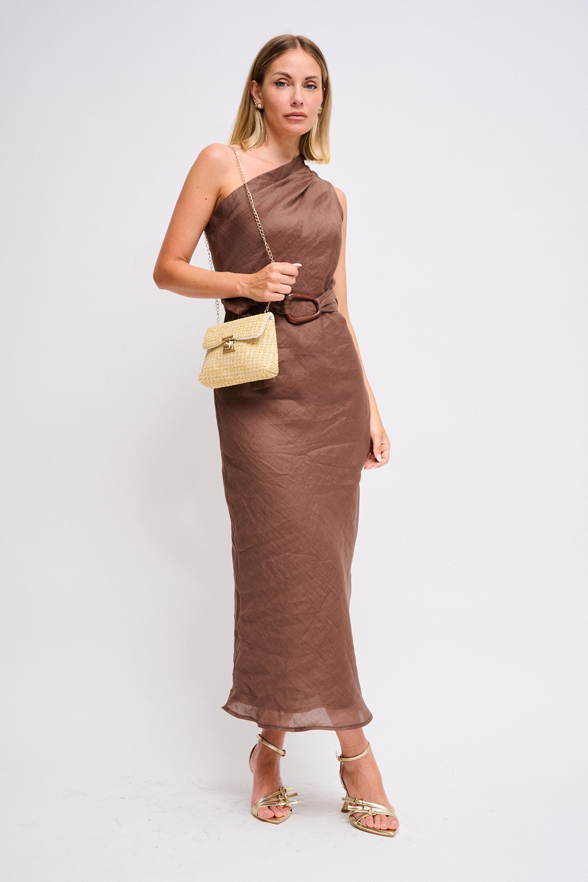 Maryley - Abito lungo monospalla in lino con cintura in vita